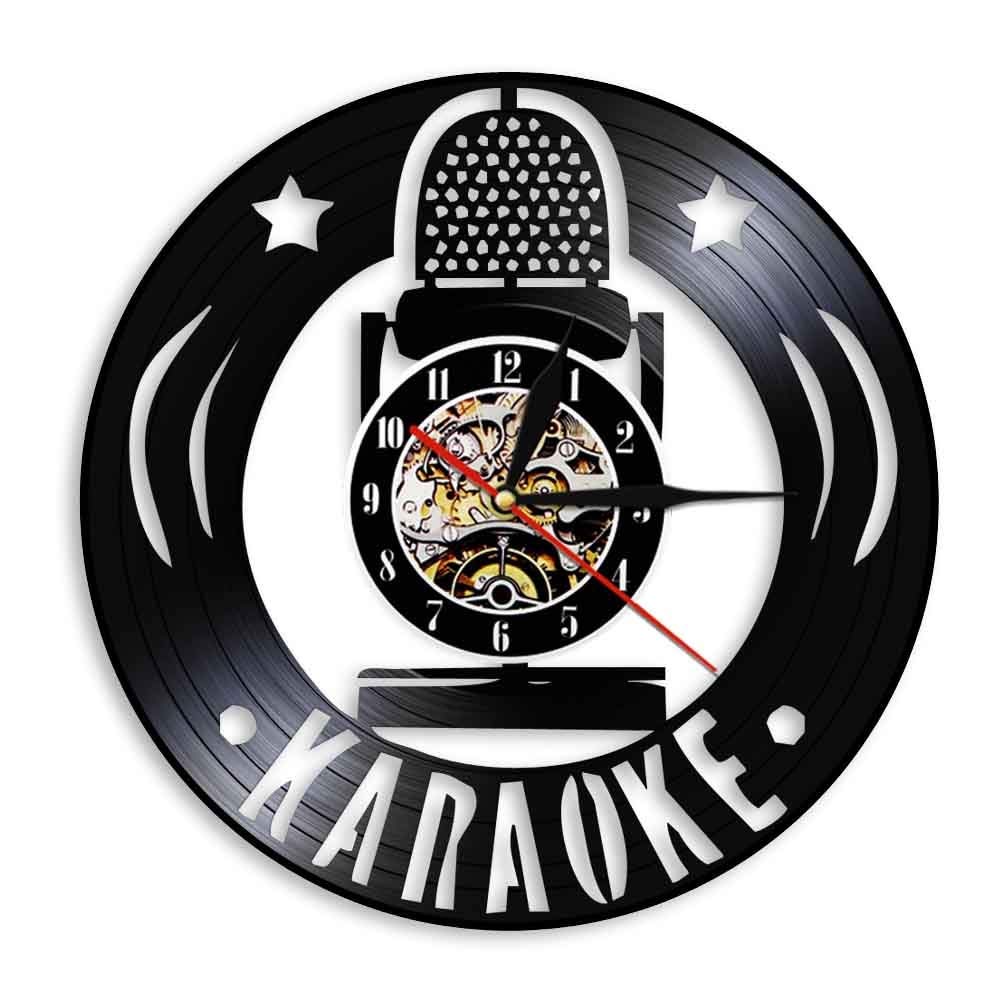 30cm Karaoke Microfono Orologio da parete Musica Disco in vinile Canto Design moderno CD nero unico Orologio da musicista leggero fatto a mano con 7 colori Cambia regali di amici Luci della lampada