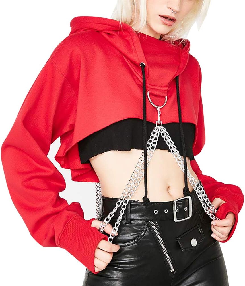 Enfei Womens Sexy Hollowed Hoodies Bandage Metal Crop Tops Hooded Pullover Sweatshirts for Gothic Girl