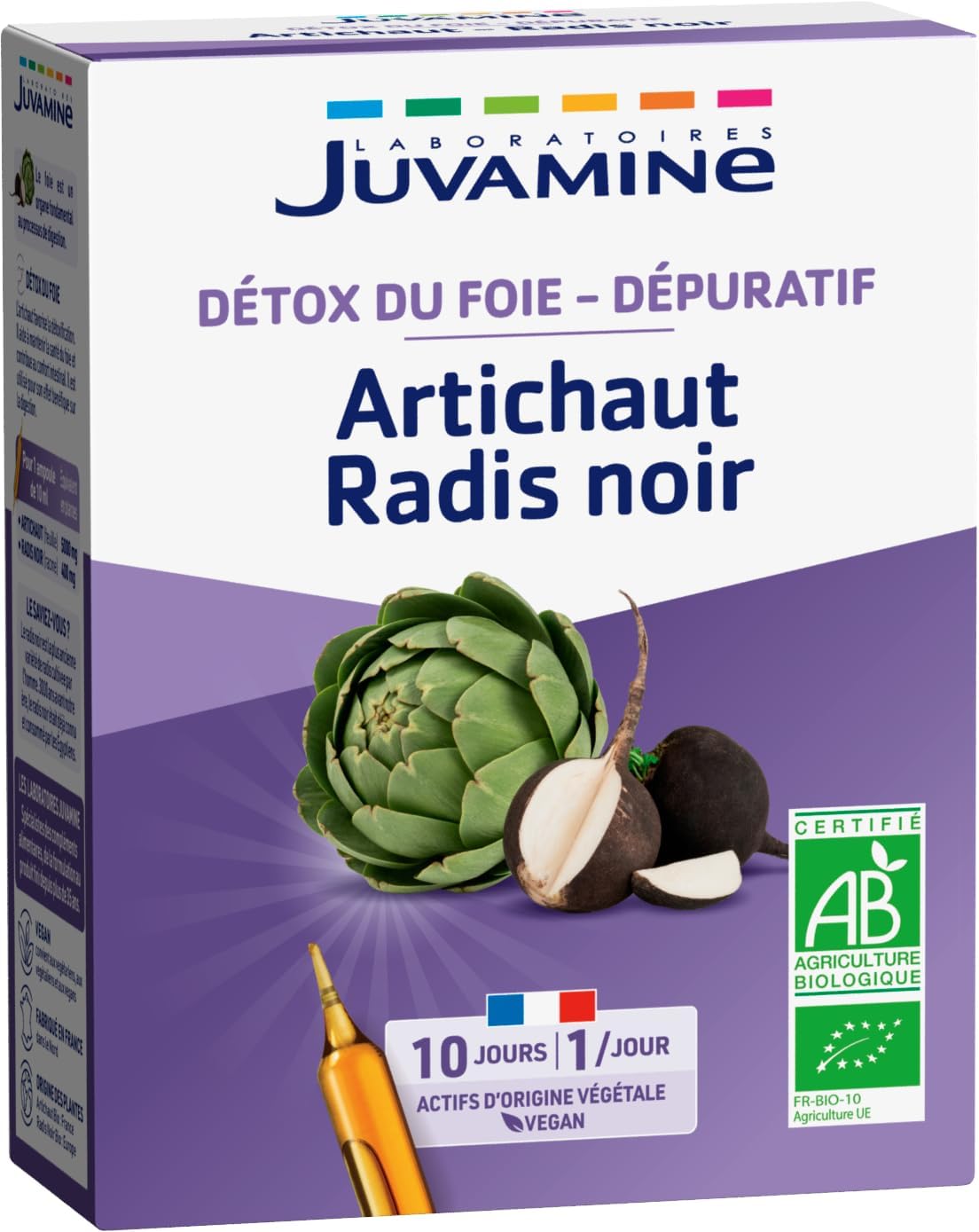 JUVAMINE – Black Radish Artichoke – Liver Detox – Depurative – Liver Wellness – Detoxification – Intestinal Comfort – 10 ampoules x 10ml – 10 Day Program- Certified Organic – Made in France