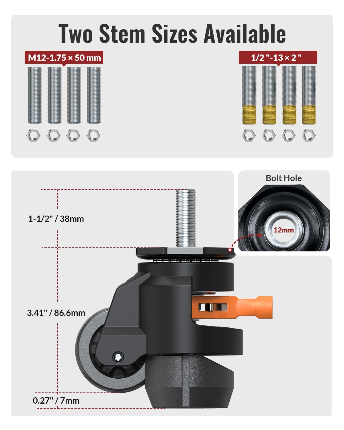HOLKIE Schwerlastrollen Lenkrollen heberollen absenkbar höhenverstellbar für Werkbank, M12 und 1/2" versenkbare Möbelrollen, 4er Set Industrierollen Schwerlast Rollen, Gesamtkapazität 1000KG Schwarz
