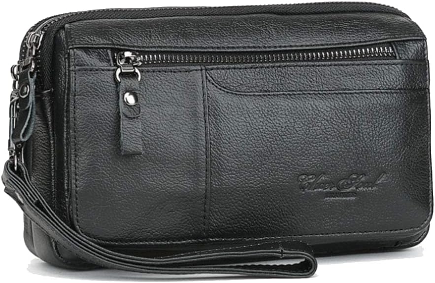 Hebetag Leather Clutch Purse Wallet for Men Organizer Holder Wrist Wristlet Bag Business Pack Handbag Black