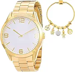 Relógio Feminino Analógico Rose Gold Maravilhoso a Prova D'Agua Super Leve com Pulseira Folheada a Ouro 18k com Pingentes Berloques Cheios de Emoções Lindo