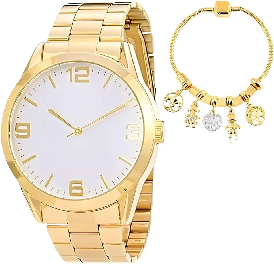 Relógio Feminino Analógico Rose Gold Maravilhoso a Prova D'Agua Super Leve com Pulseira Folheada a Ouro 18k com Pingentes Berloques Cheios de Emoções Lindo