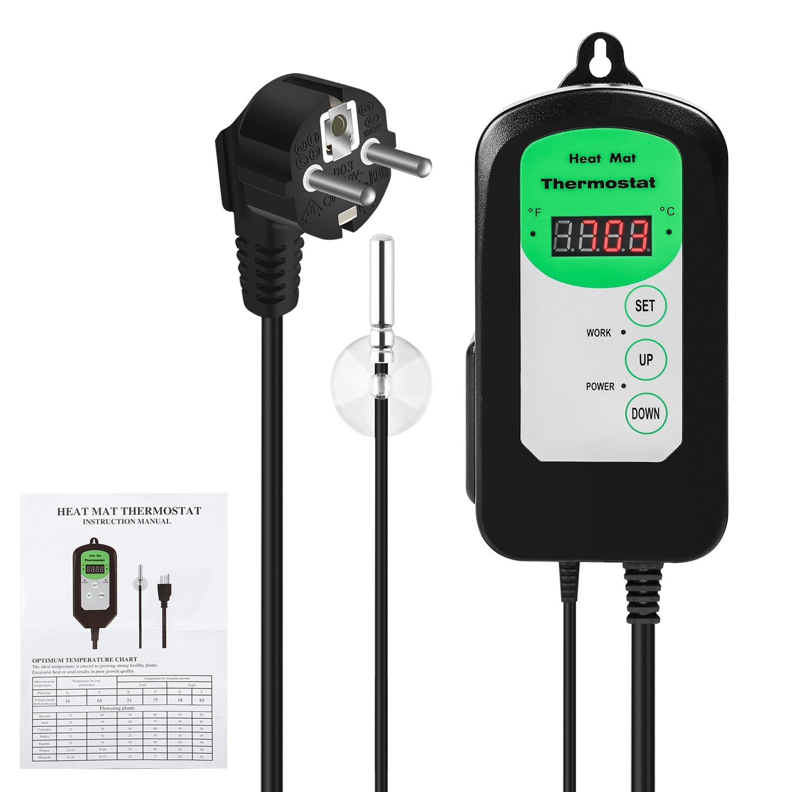 Jadeshay Termostato Per Rettili E Termostato Terrario Digitale Con Sonda Impermeabile 1.8m Controllo Temperatura 5-42℃ Presa EU 230V 1000W Per Semenzai Serre Tartarughe E Allevamento Rettili