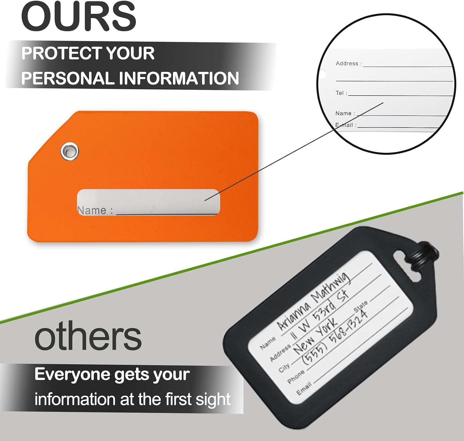 Luggage Tag Set, 2 Pack Flexible & Bright Silicone Suitcases Tags for Travel Luggage Identifier with Name ID Cards & Stainless Steel Loops for Secure Fastening (Orange)