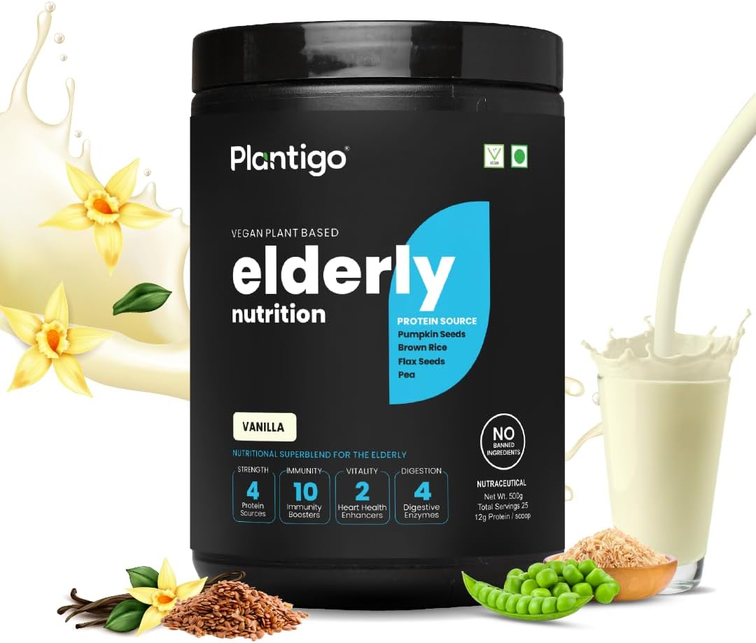 Plantigo Superior 51+ Plant Protein Powder for Senior Adults | Elders, Old Men & Women | No Sugar, 14 Calories | Pea Protein, Oats | Heart Health & Muscle Recovery, Protein (Vanilla - 500g)
