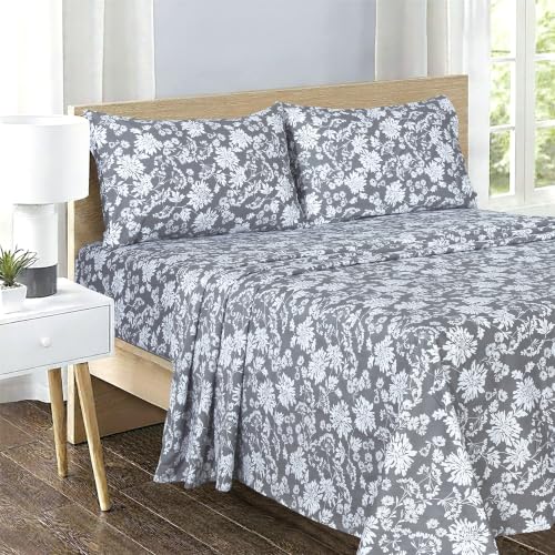 Image of Feather & Stitch Printed 500 TC Split King Size Sheet Set, 5 Piece Bed Sheets Set, 2 Twin Fitted Sheet, 1 King Flat Sheet & 2 King Pillowcases, 18 inch Deep Pockets Sateen Weave - Grey Botanical