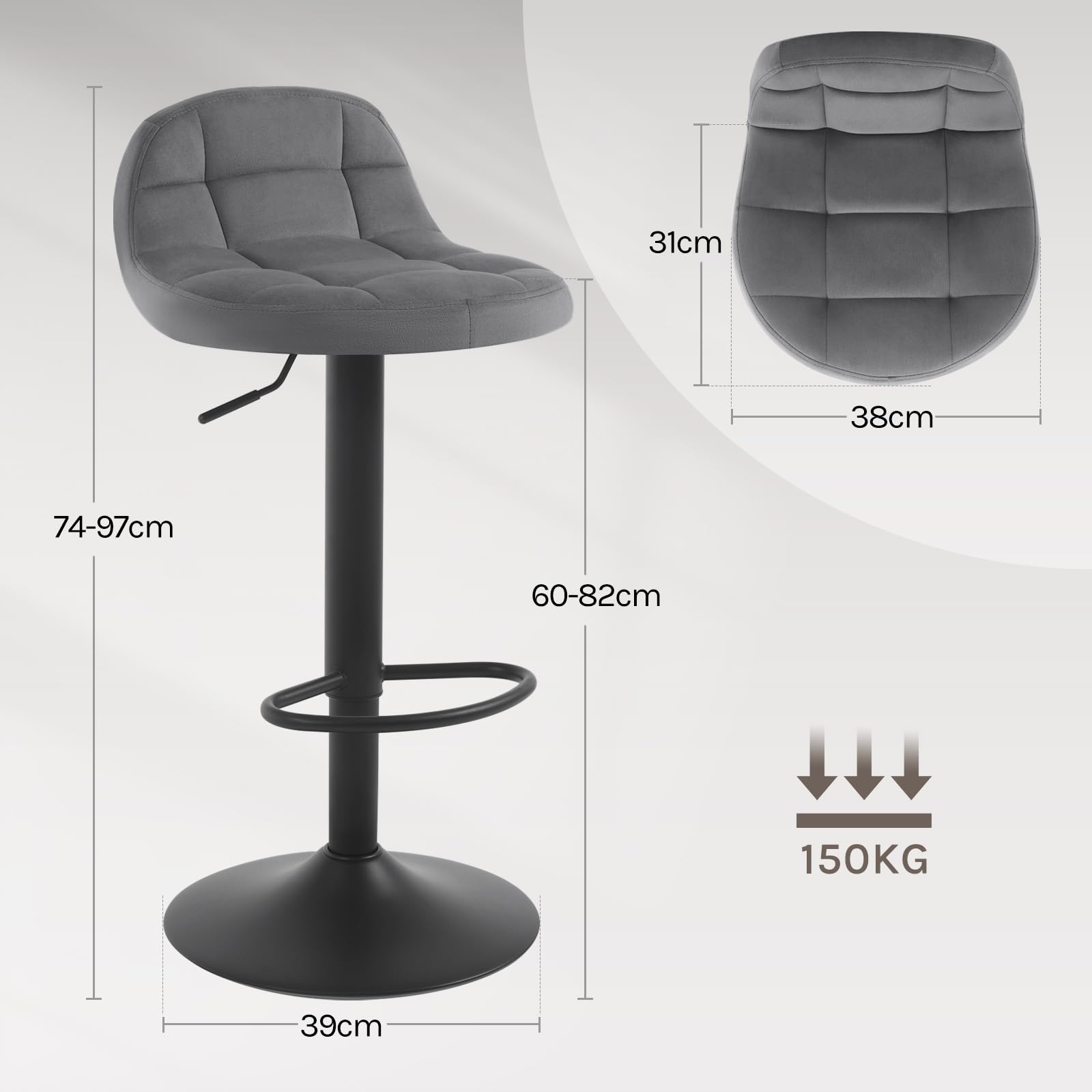 WOLTU Barhocker 2er Set, mit Rückenlehne, Samt, Dunkelgrau | Barstuhl mit Fußstütze, höhenverstellbar (60-82cm), 360° Drehstuhl, für Küche, Bar Metall