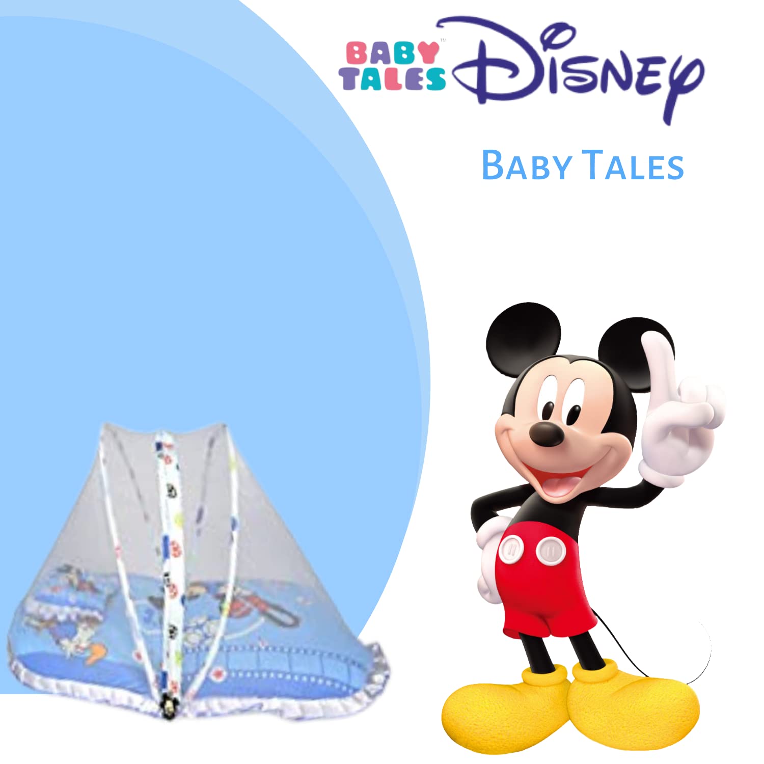 Disney Baby Tales Baby Bed with Thick Mattress, Mosquito Net with Zip Closure & Neck Pillow, Baby Bedding for New Born, 3M+, Disney Print, Baby Sleeping Bed of 78x45x40cm Size (Blue - Mickey Mouse Sports) - Image 2 thumbnail