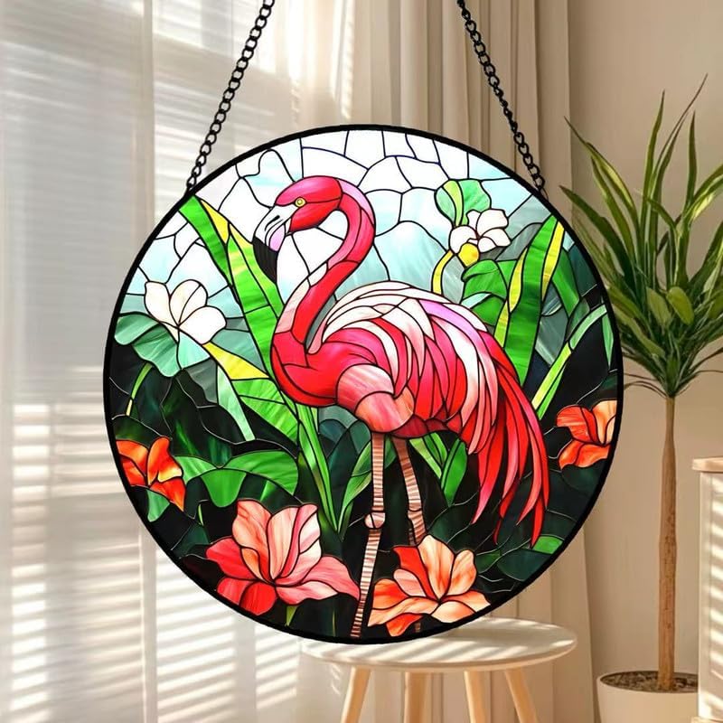 Miniatura 7 de Flamingo Stained Glass Suncatcher  Tiffany Style Pink Flamingo Window Hanging, Round Tropical Glass Sun Catcher for Home Window Decor, Beach &