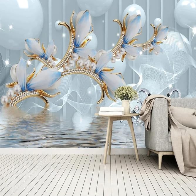 Papier peint mural 3D bleu fleurs de bijoux pour creer une ambiance cocooning dans le salon