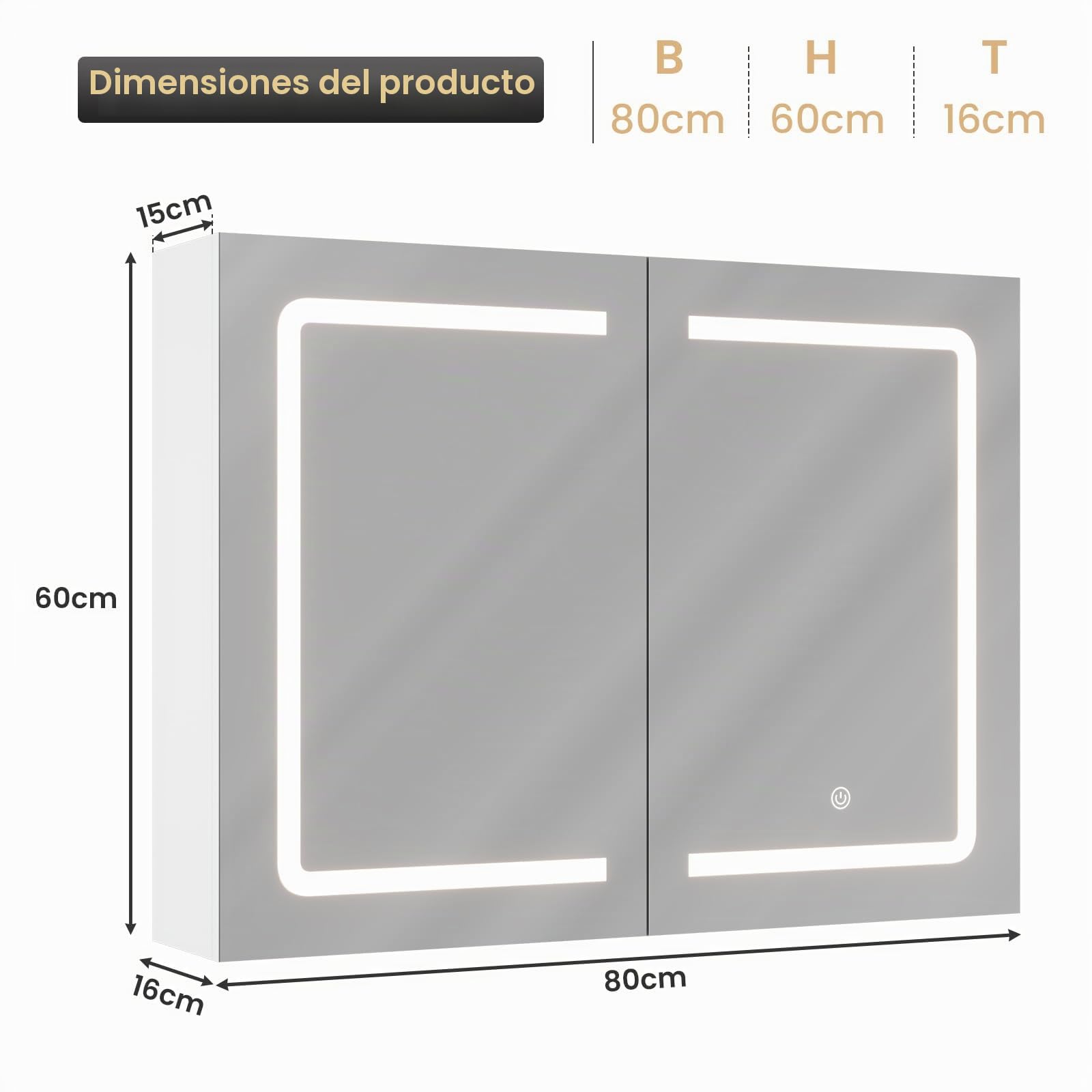 DICTAC Armario de Baño Con Espejo e Iluminación, 80x16x60 cm, Con Enchufe, Puerta Doble, Estante, Interruptor de Sensor Táctil, 80 cm de Ancho