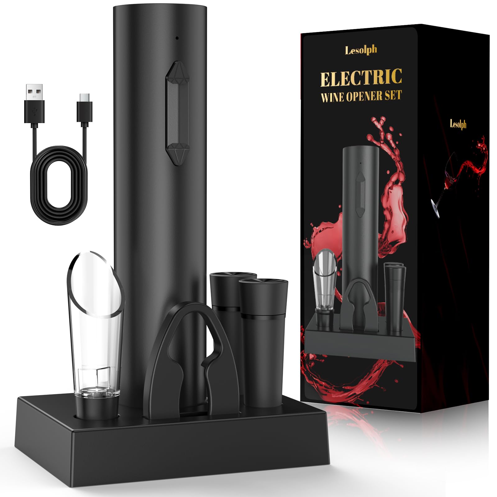 Sacacorchos eléctrico recargable, abridor de vino electrico saca rolhas regalos para hombre mujere abrebotellas con vertedor aireador, 2 tapón de vino al vacío, cortador láminas y cable USB