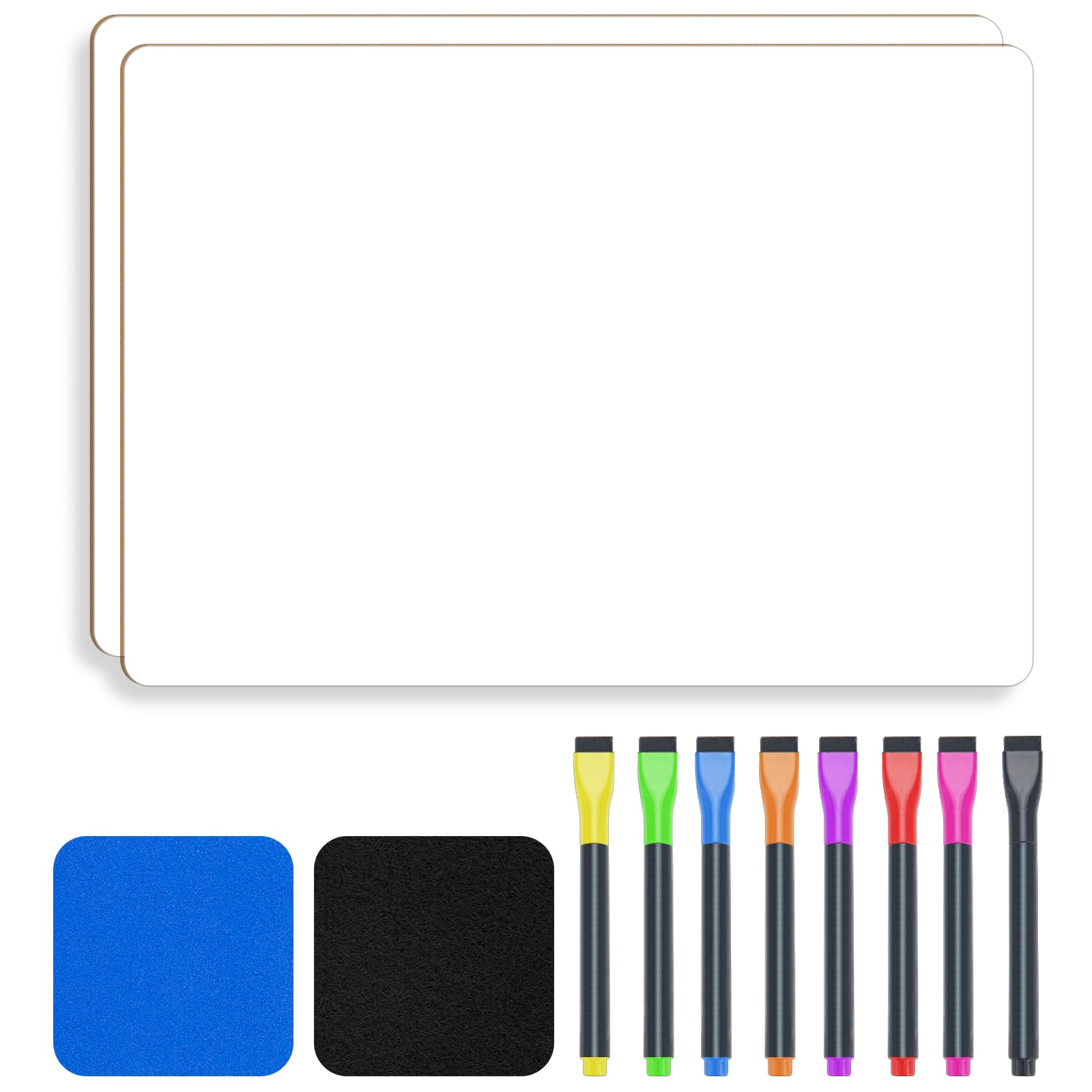 JEFURE 2PCS Dry Erase Mini Whiteboard Set, A4 Double Sided Whiteboard, Small White Board with 8 Markers and 2 Erasers, Wipe Board for Classroom, Home and Office