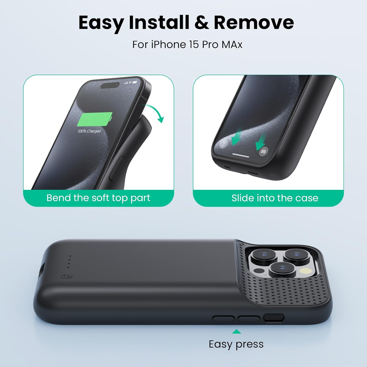 Battery Case for iPhone 15Pro Max, Upgrade 8600mah Portable Slim Battery Charging Case, 15W Fast Charging Rechargeable Protective Extended Charger Cover for iPhone 15 Pro Max (6.7 inch)-Black