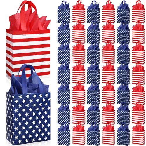 Yoojahow 24 Set Patriotic Gift Bags Bulk with Tissue Memorial Day American Flag 4th of July Red White Blue Tote Bags Non Woven Party Favors with Handle for Holiday Patriotic Birthday Supplies