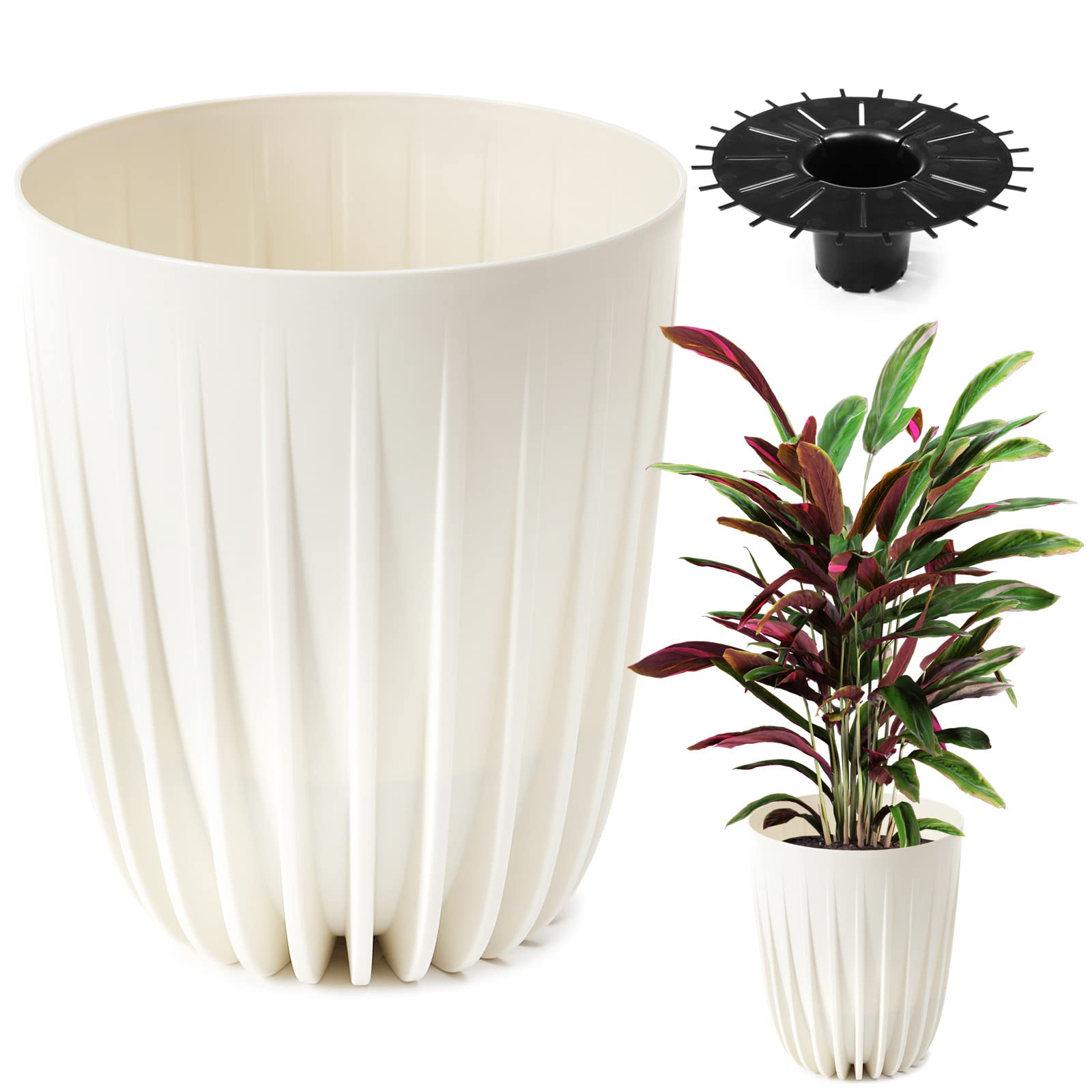 Konzept 11 - Maceta alta de 39 cm de diámetro, maceta grande para exteriores, balcón, maceta con inserto blanco, maceta de palmera