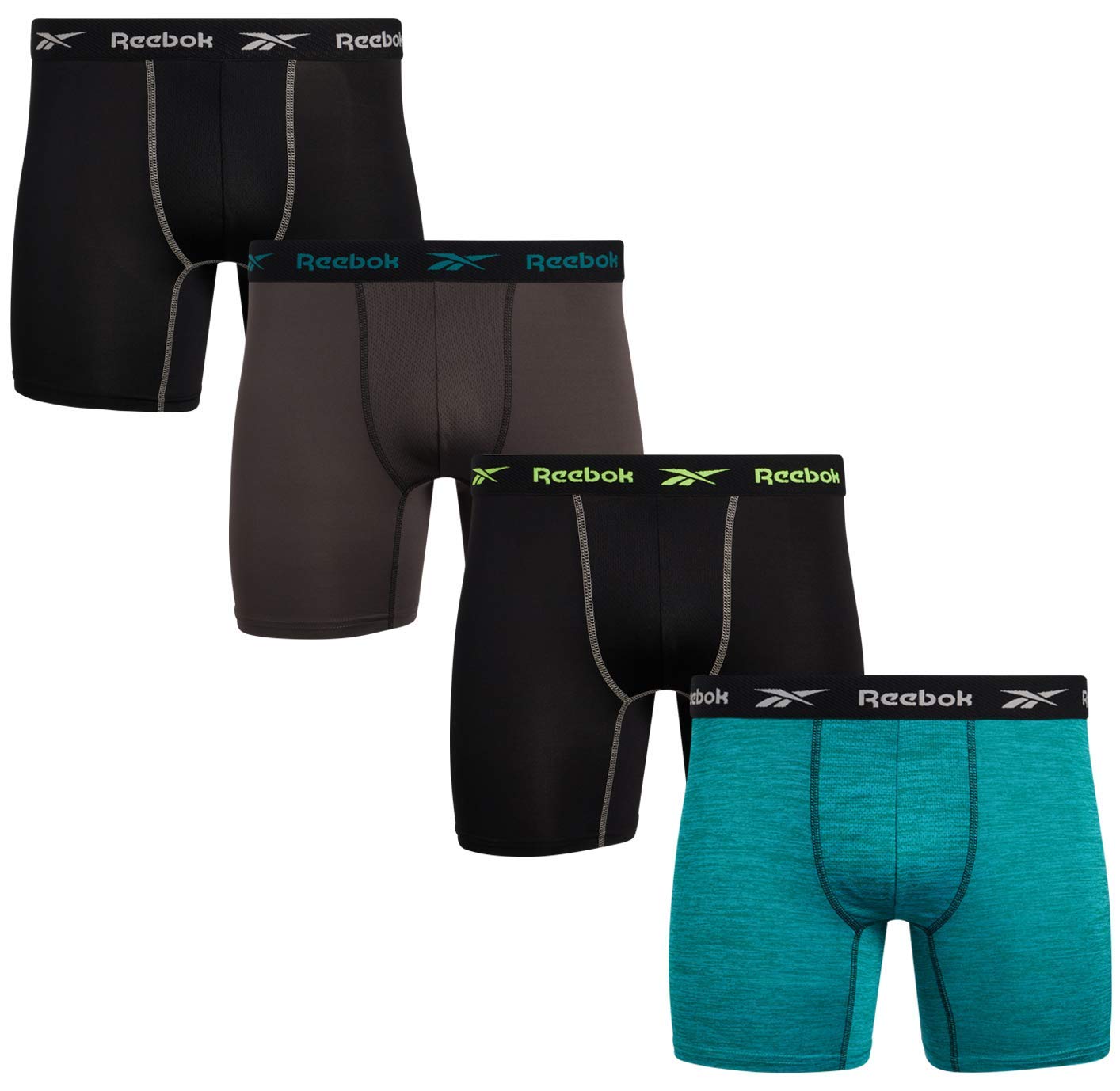 Reebok Men's Boxer Briefs – 4 Pack Quick Dry Moisture Wicking Performance Mens Underwear - Stretchy Soft Boxers for Men S-XL, Size Large, Black/Grey/Teal