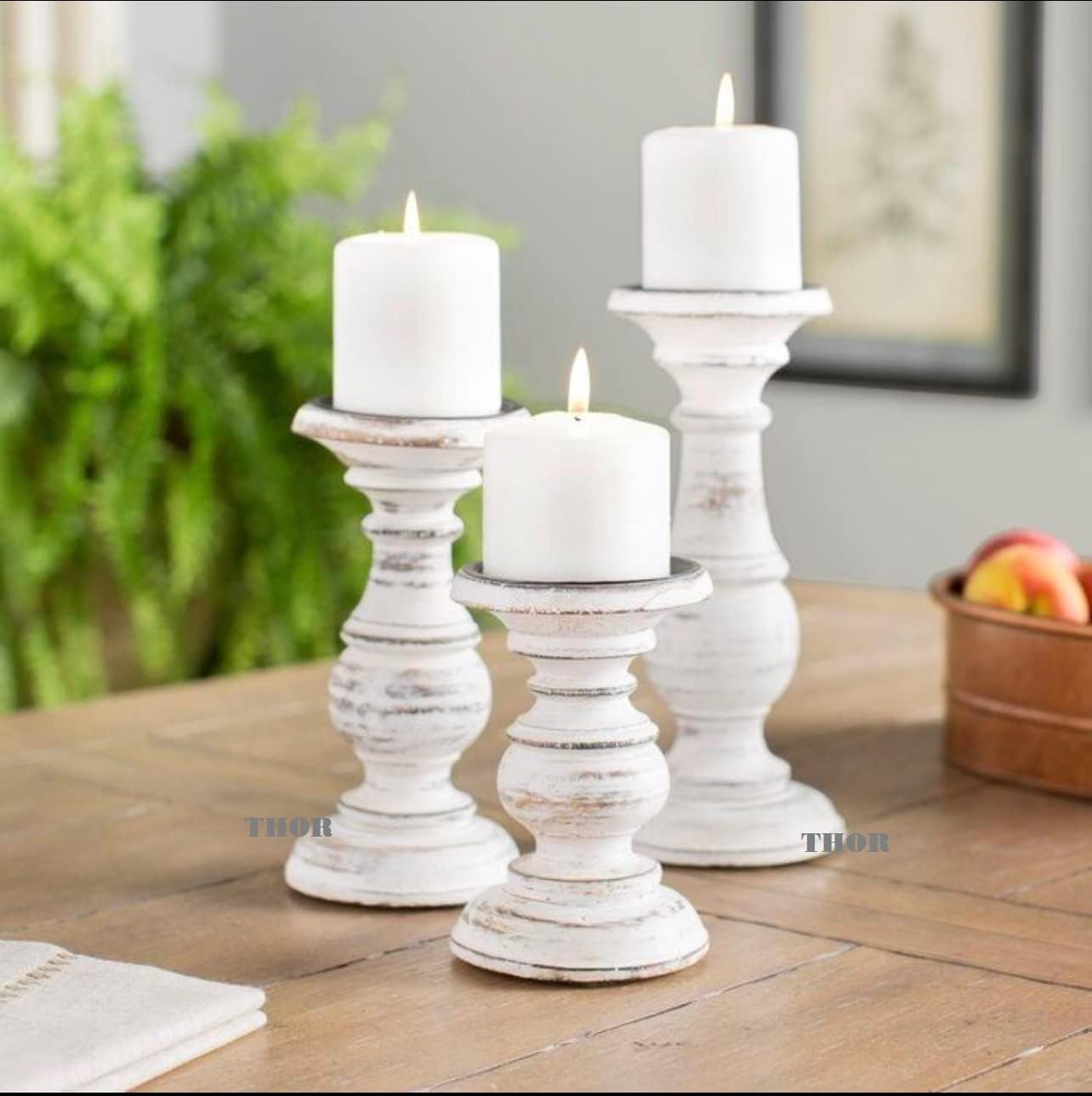 White Pillar Candle Holder Set of 3 - Farmhouse Wood Candle Stand, Mantle Decor Centerpieces for Fireplace, Living or Dining Room Table 6 X 8 X 10 Inch