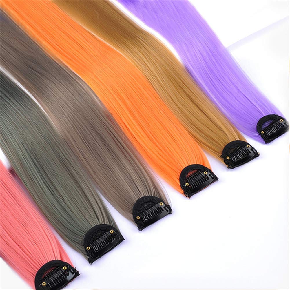 Colored Double Clip in Hair Extensions Long Stright Hairpieces 20'' Synthetic Rainbow Highlights Wigs for Women Kids Girls (5Pcs Color:7)