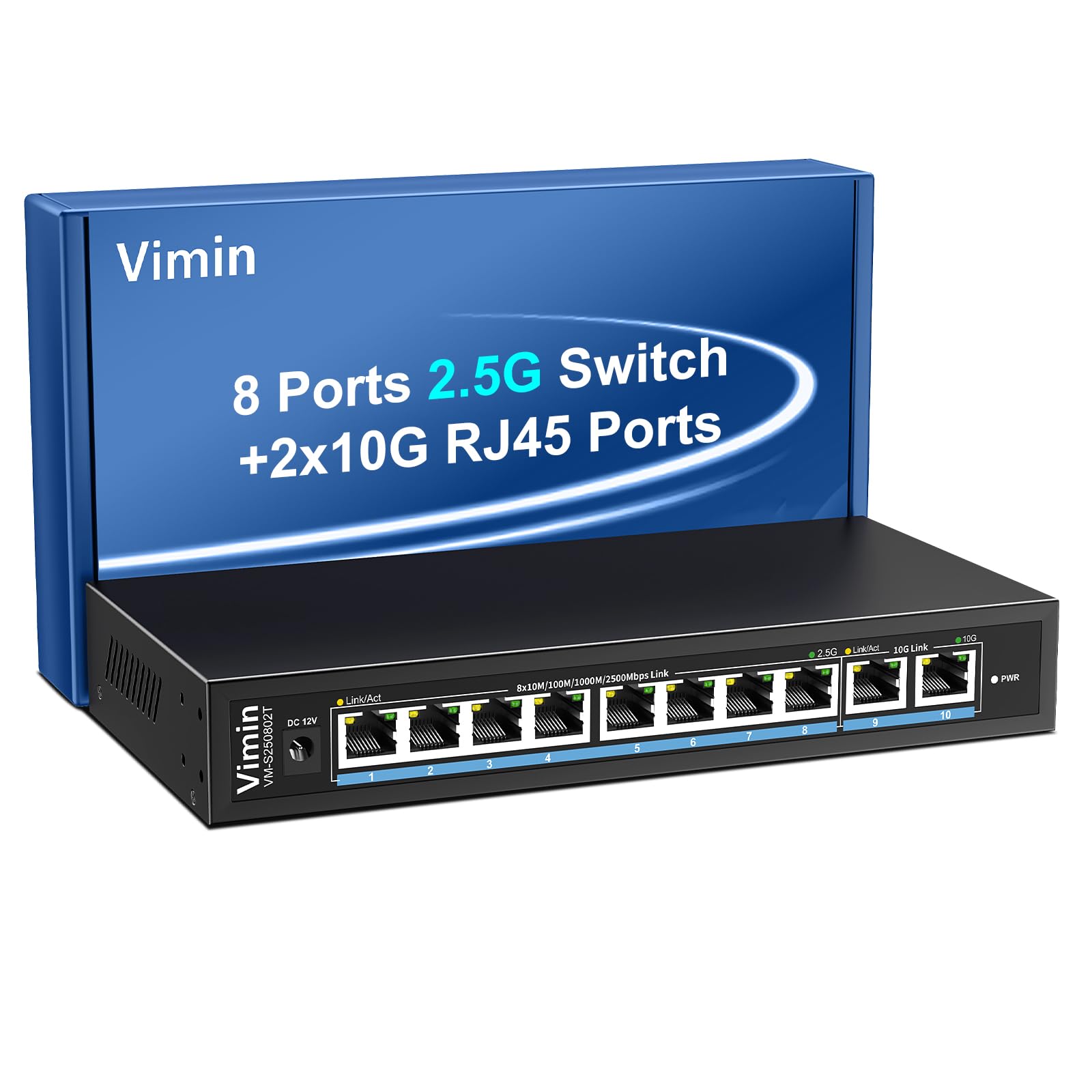 VIMIN 10-Port 2.5Gb Unmanaged Ethernet Switch connected to a PC, displaying 80Gbps switching capacity, 59.52Mpps forwarding rate, and 4K MAC address.