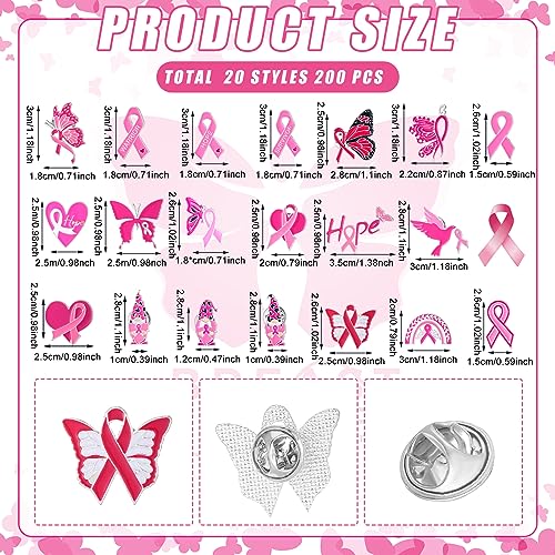 Ceenna 200 Pack Breast Cancer Awareness Lapel Pins Breast Cancer Pins Bulk Pink Ribbon Lapel Pin Butterfly Enamel Pins for Women Hope Official Brooches Badge for Charity Public Supplies 20 Style2