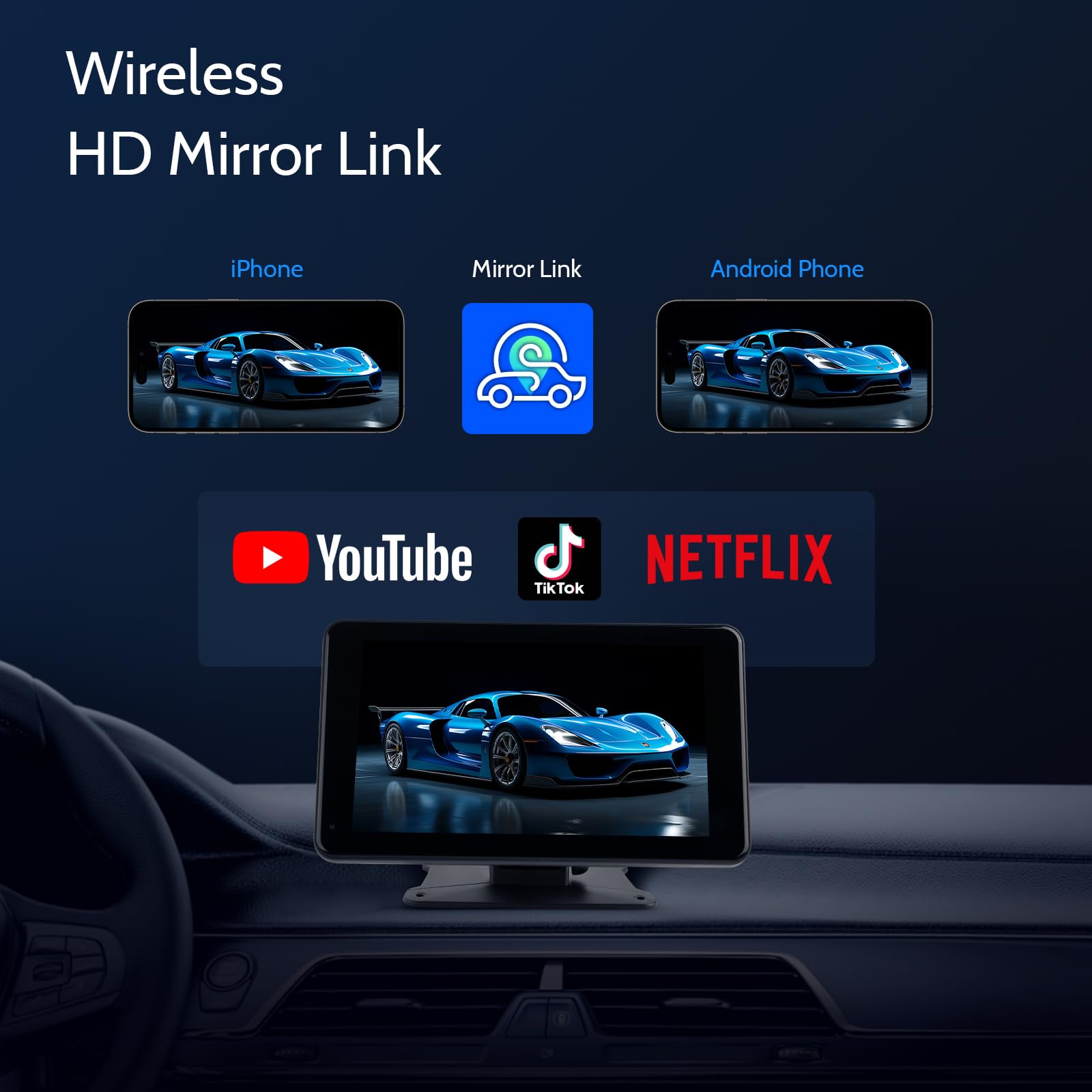 Haudio Car Audio portatile per Apple Carplay wireless e Android Auto, 7 pollici schermo touch portatile wireless con telecamera di backup con Bluetooth WiFi,Controllo vocale,FM,AUX,Mirror Link