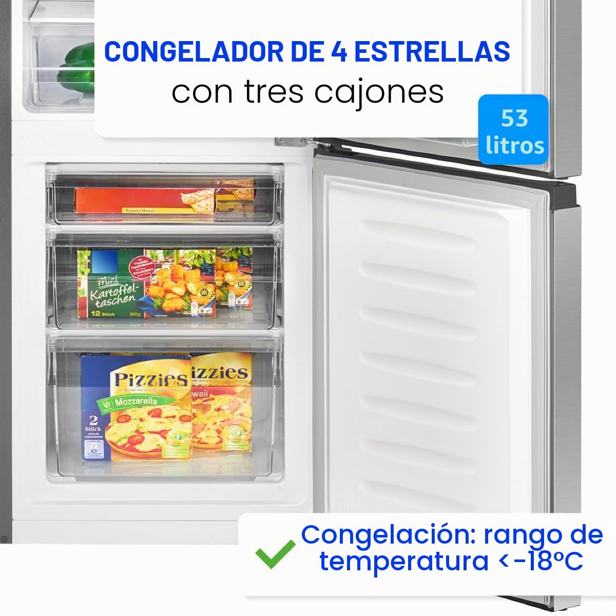 Bomann® Frigorífico con congelador, clase energética D, 143 cm, congelador silencioso de 39 dB, 3 estantes y 3 cajones, tope de puerta intercambiable, combinación de congelador de 175 l, KG 322.1 inox
