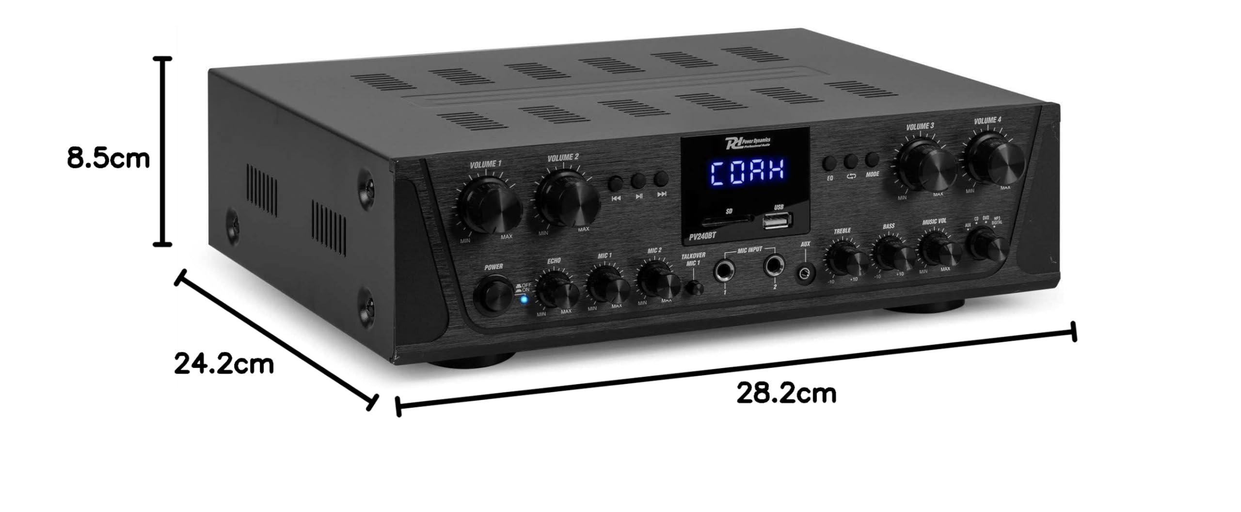 Power Dynamics Sistema de Sonido de 4 Zonas – Amplificador 400W Bluetooth, MP3 USB, FM + 8 Altavoces Blancos IPX5 Interior/Exterior con Radiador Pasivo, Soportes de Montaje y 100m de Cable