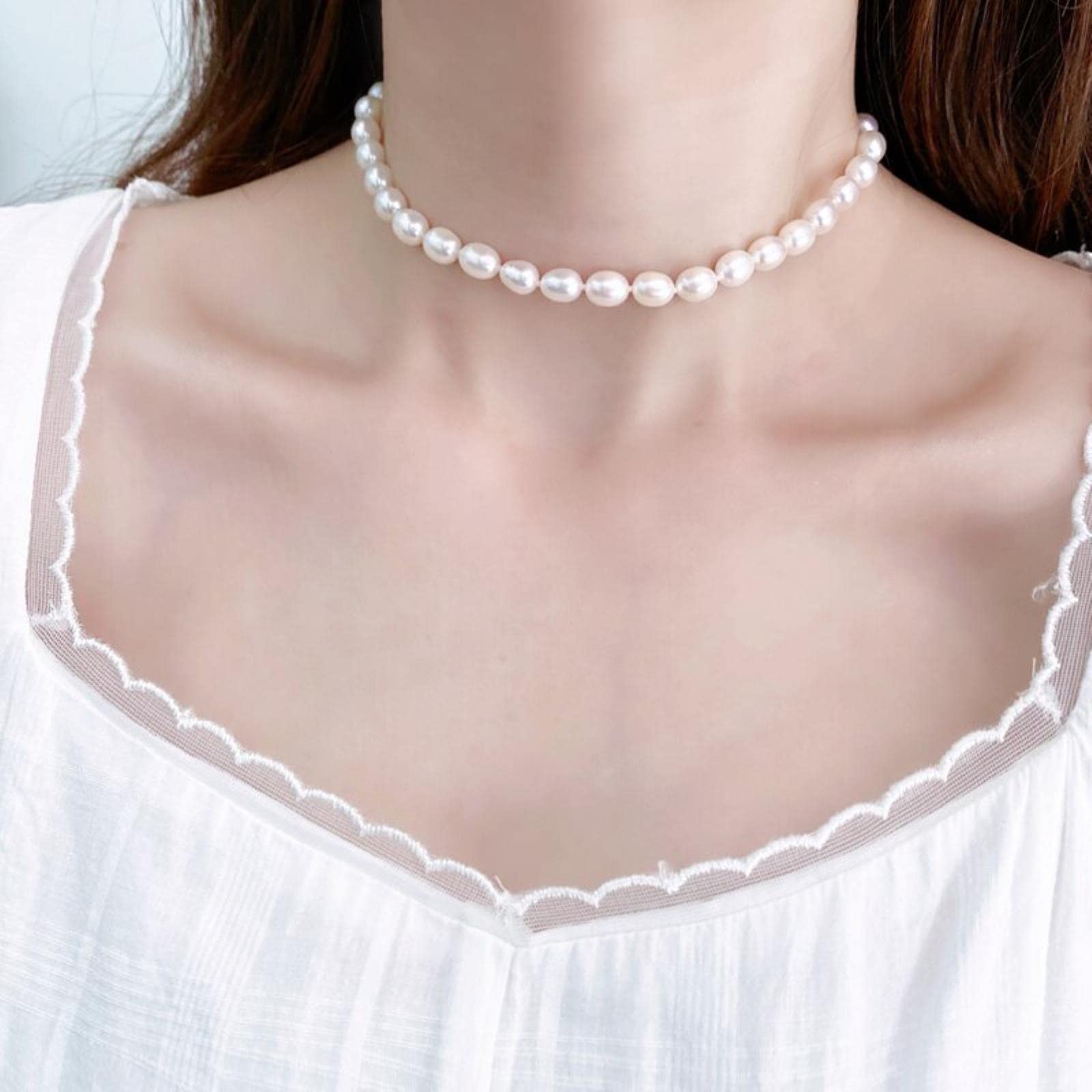 Collar De Perlas Naturales De Agua Dulce De 7-8mm para Mujer, Hebilla De Plata De Ley 925 Genuina, Regalo De Joyería De Perlas Blancas En Forma De Arroz