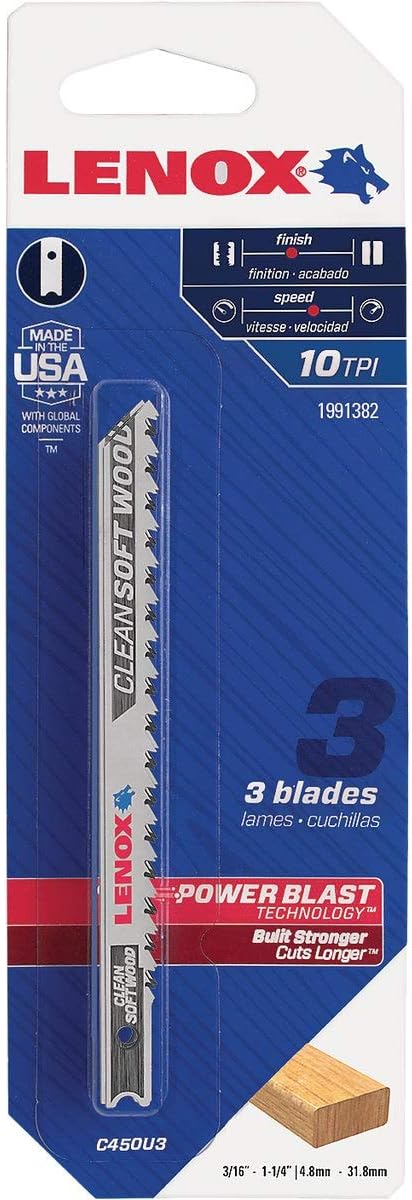 LENOX TOOLS 1991382 U-Shank Clean Wood Cutting Jig Saw Blade, 4" x 5/16" 10 TPI, 3 Pack