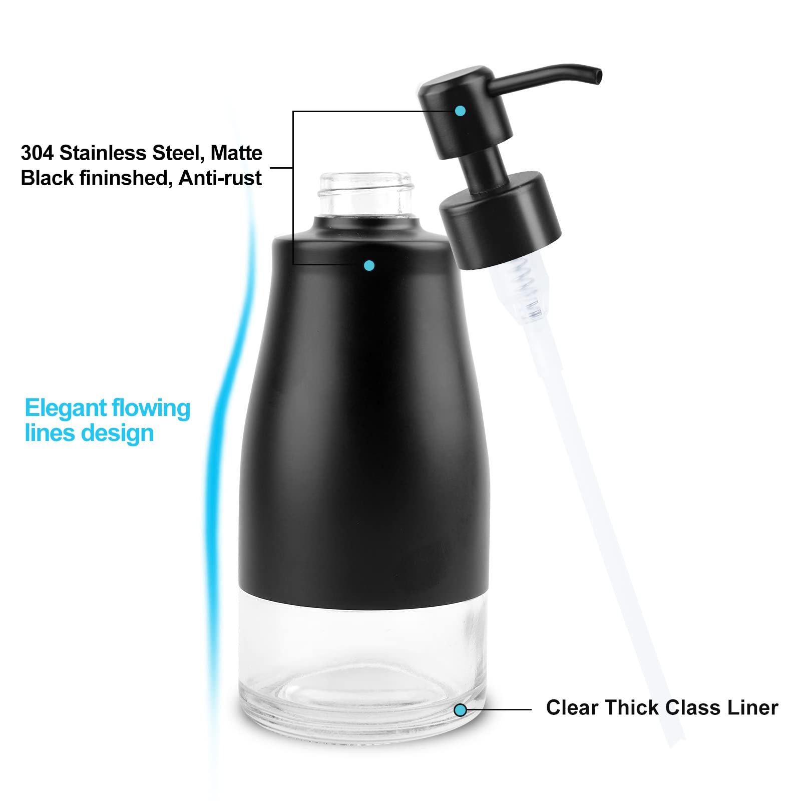 AUMIO 2 distributori di sapone, cassa in acciaio inox, rivestimento in vetro, dispenser pompa a mano, dispenser di sapone liquido ricaricabile per bagno e cucina – nero opaco