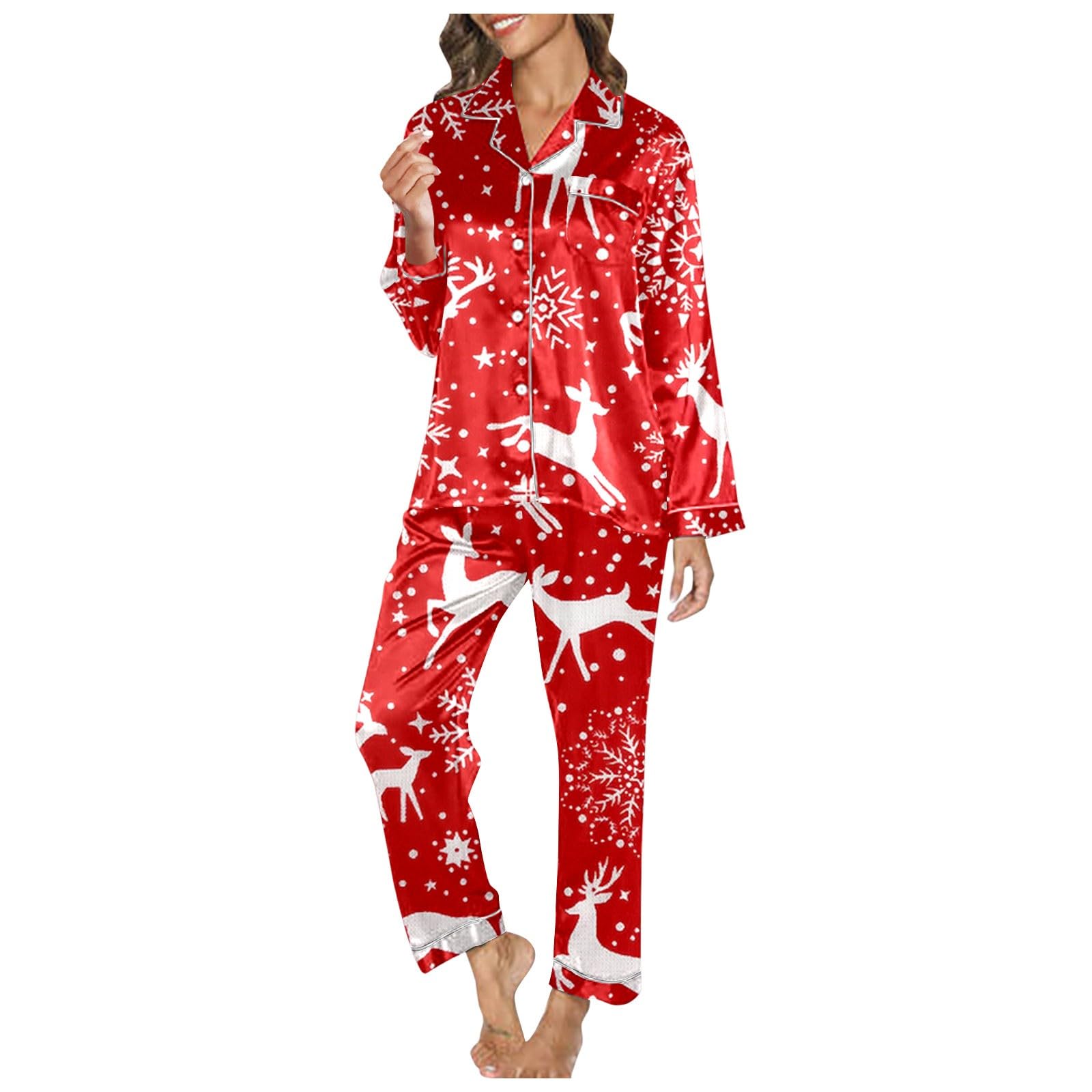 Pigiama di Natale Donna,Pigiama Donna Cotone Leggero Pigiama con Stampe Autunnali E Invernali da Donna, Pantaloni Lunghi, Set da Notte Morbidi E Comodi, Scollo A V, Abbigliamento da Casa,