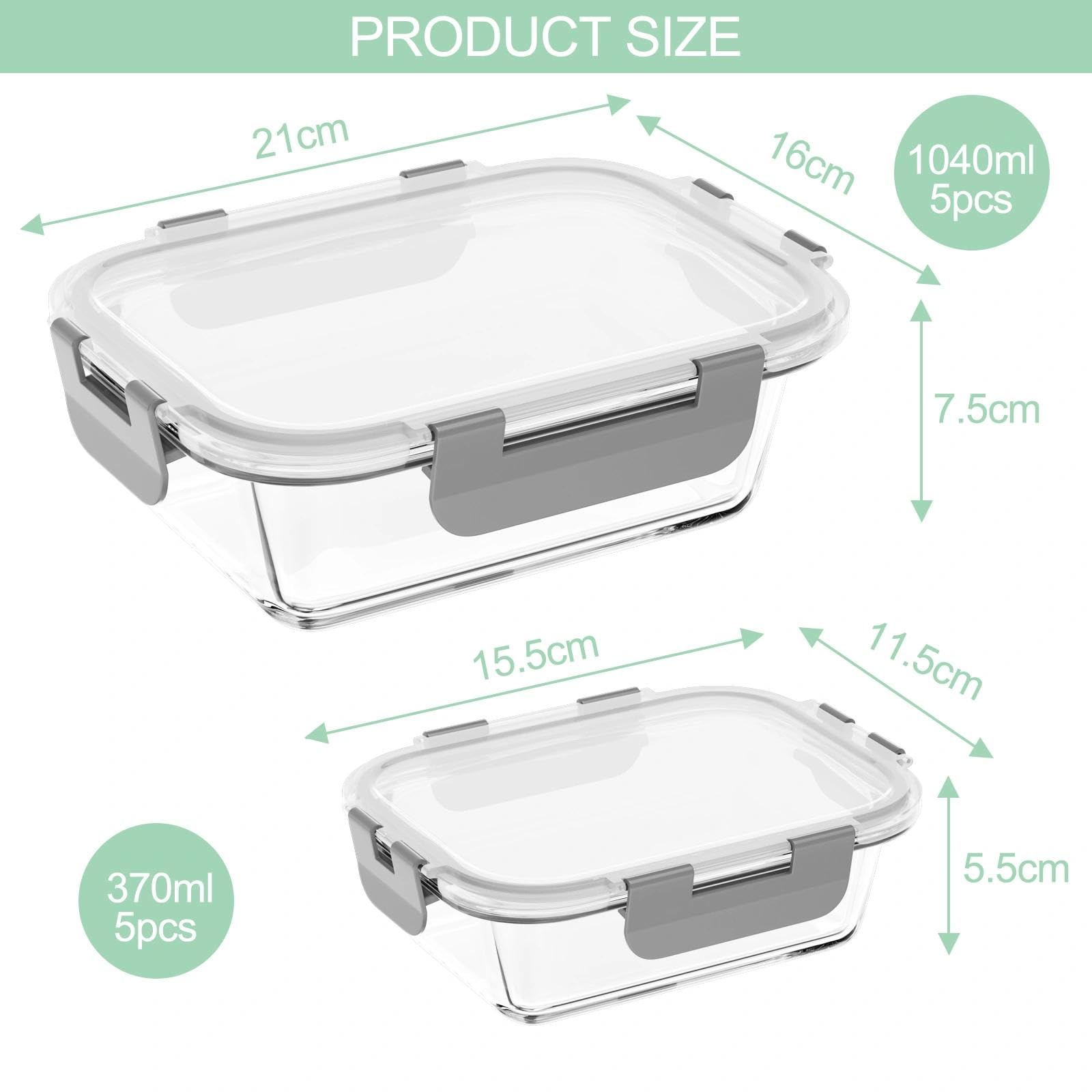 10 Pièces Boite Alimentaire Verre, Boite Repas(5X1040ML & 5X370ML)