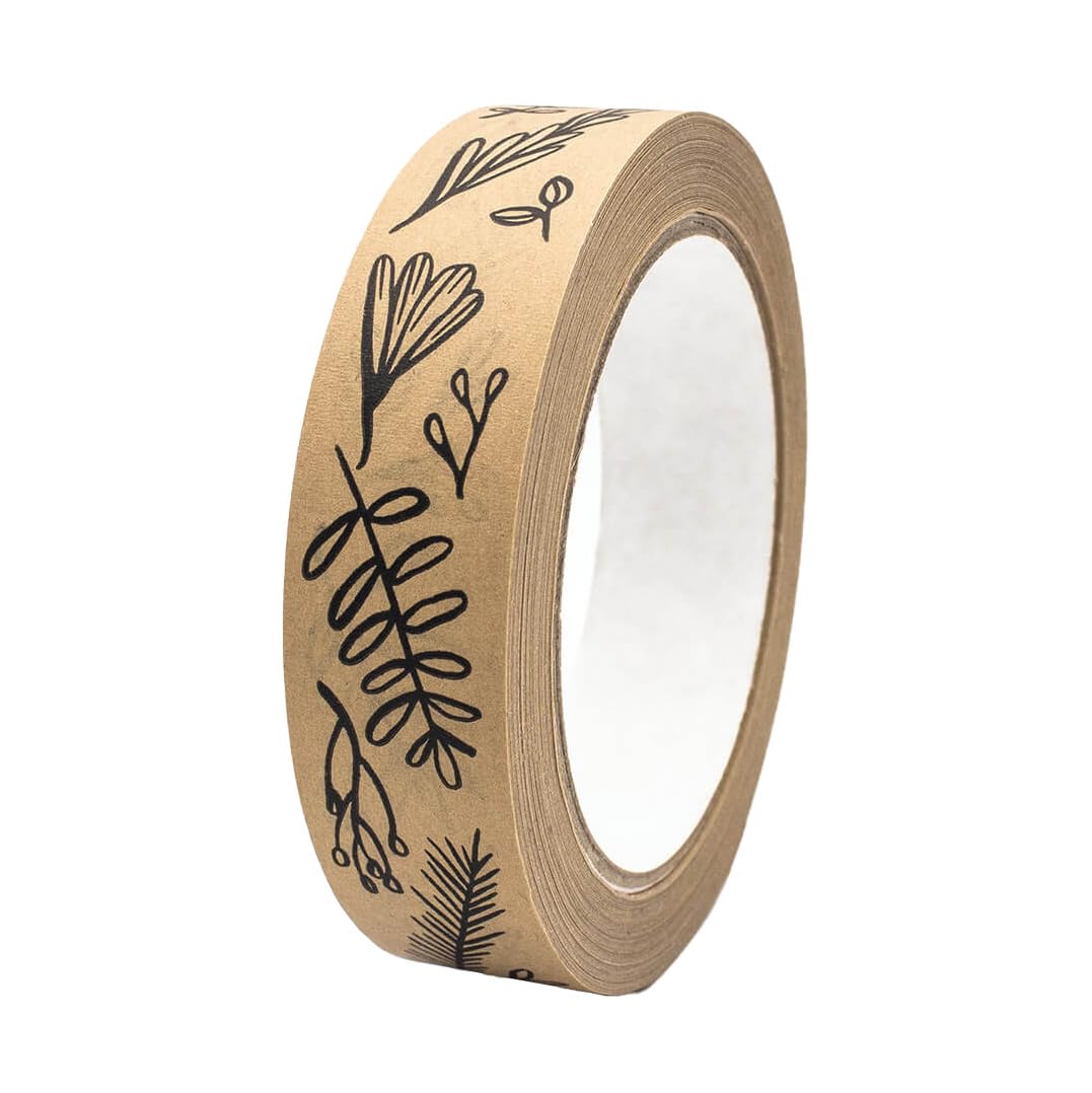 INKKIN Botanical Sprigs/Floral Leaves Paper Gift Wrap Tape (25mm) (Black/Brown)
