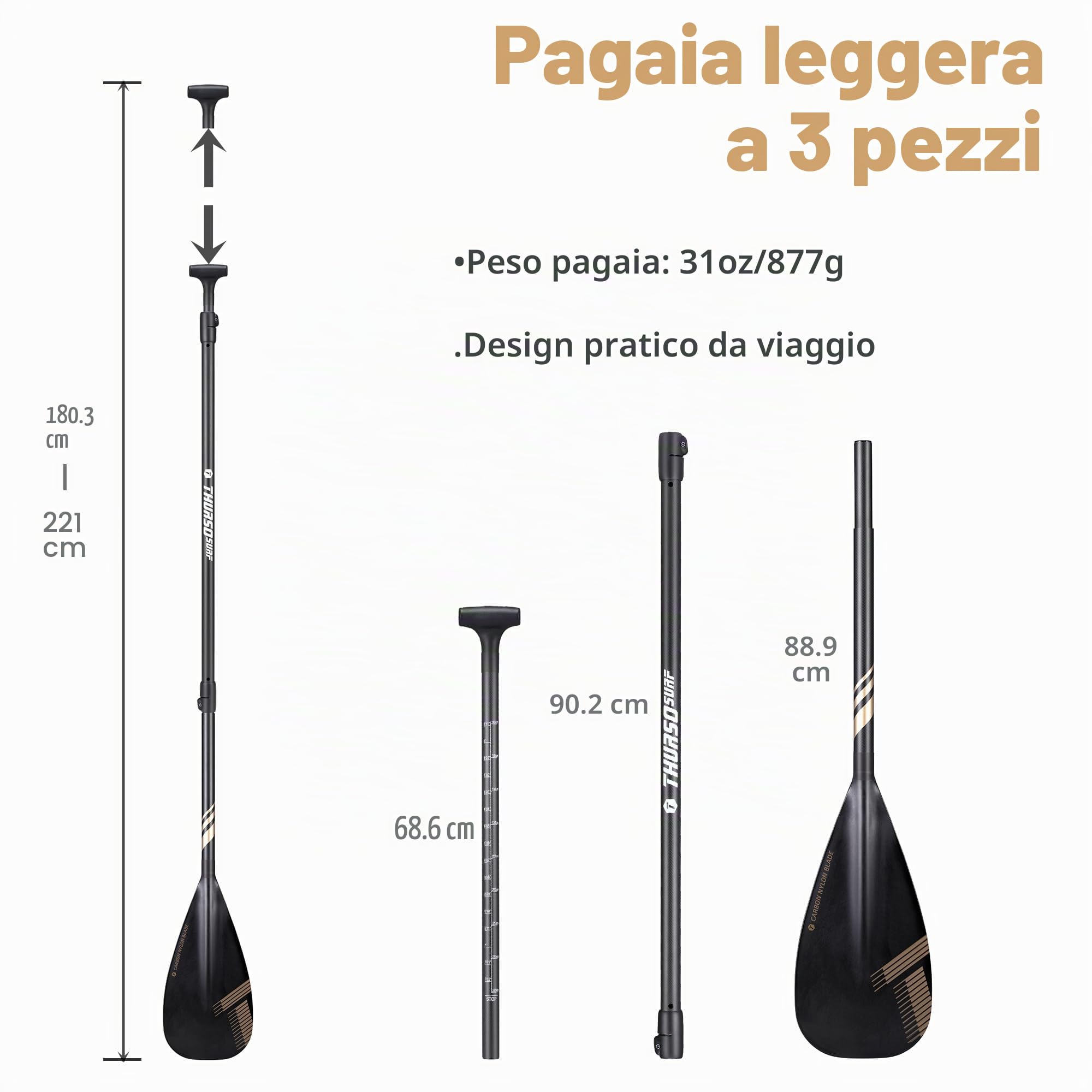 THURSO SURF Pagaia ibrida per kayak in fibra di carbonio con albero in fibra di carbonio, pagaia SUP convertibile in 3 pezzi regolabile da 180 cm a 217 cm leggera galleggiante prestazioni eccellenti