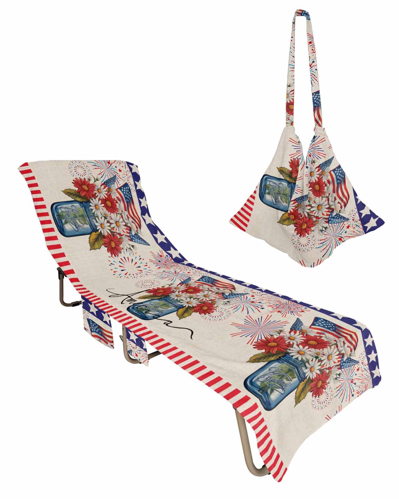 4th of July Flower Beach Chair Towel Covers for Chaise Lounge with Side Pocket, Soft Plush Pool Towels Cover for Patio Sunbathing Outdoor 29''x85'' Bottle Fireworks Independence Day