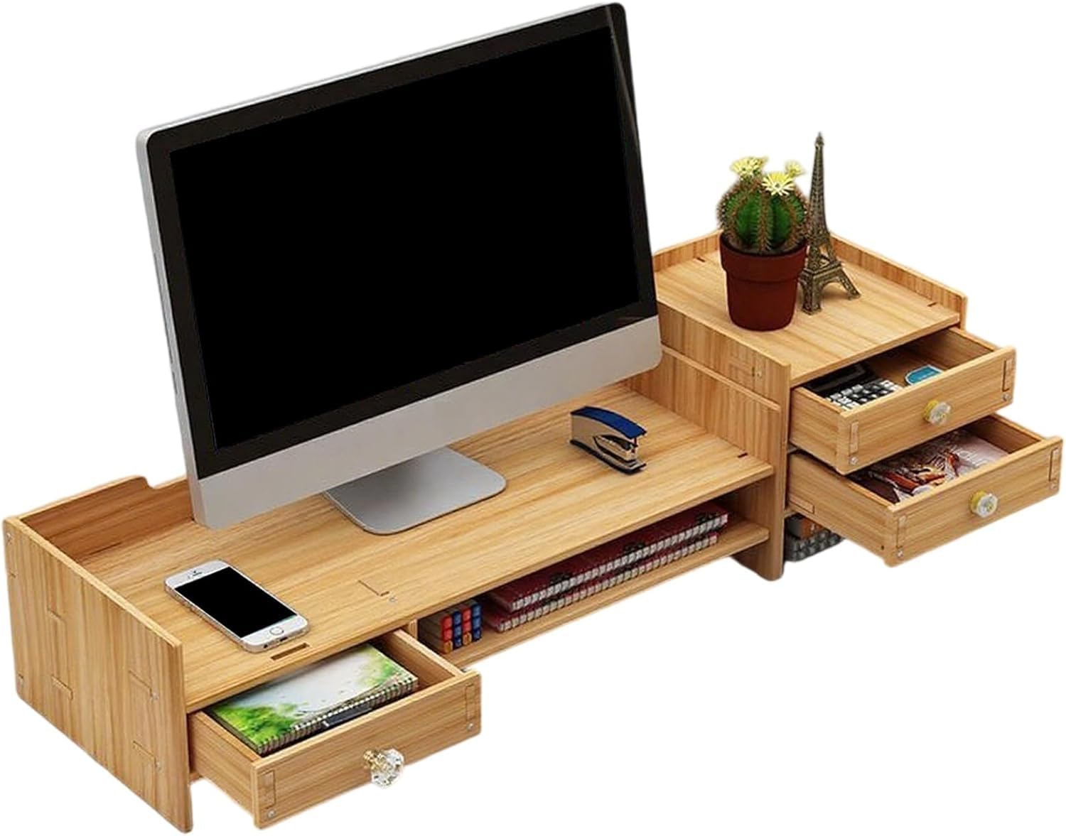 Riser for monitor - Riser for computer con spazio di archiviazione | Scaffale in legno Accessori for ufficio domestico PC Laptop Stampante Materiale scolastico Organizzazione e(Natural wood colour)