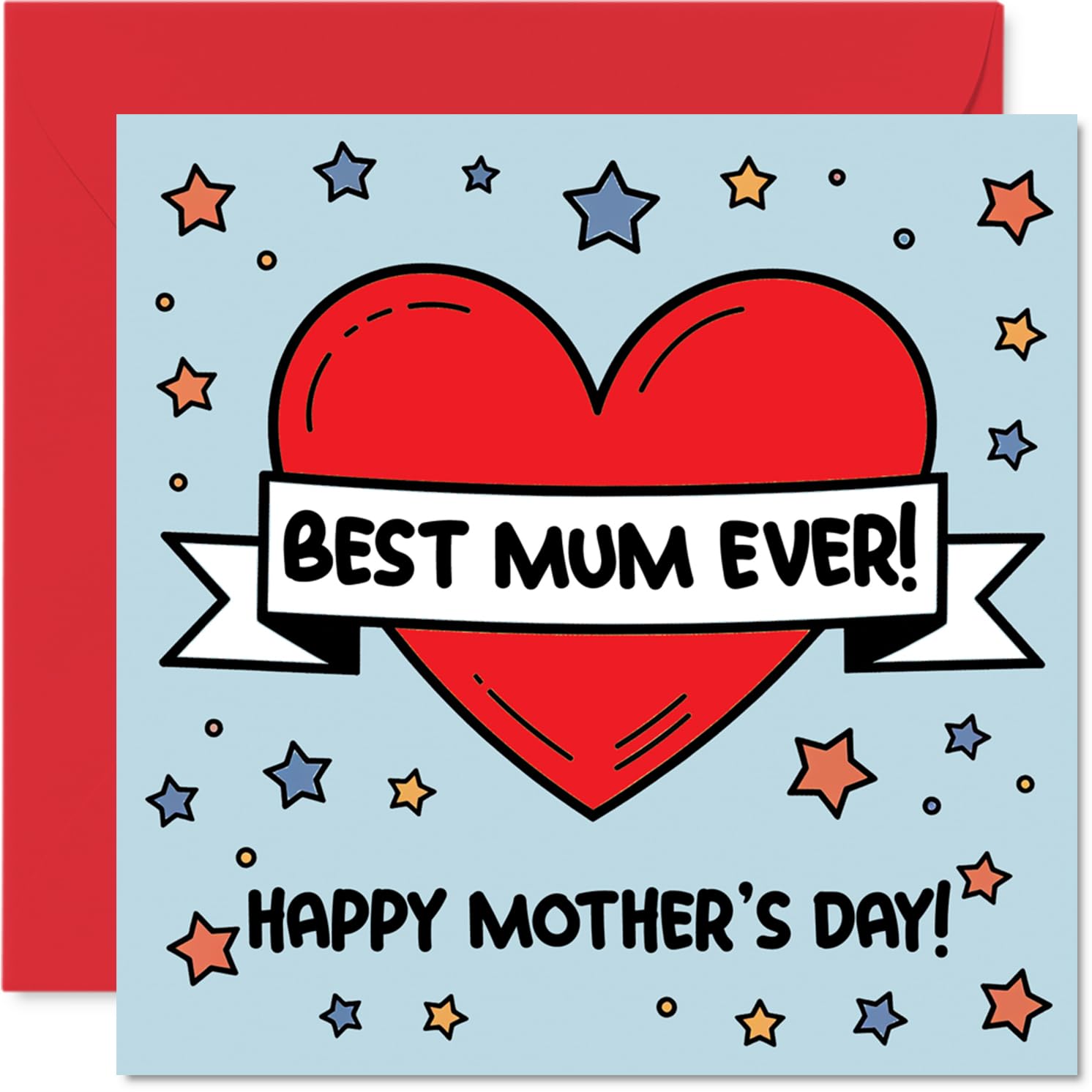Heartfelt Mother's Day Card for Mum - Bursting with Love - Bold Red Heart and Playful Stars Design - Celebrates the Best Mum Ever - 145mm Square, Envelope Included