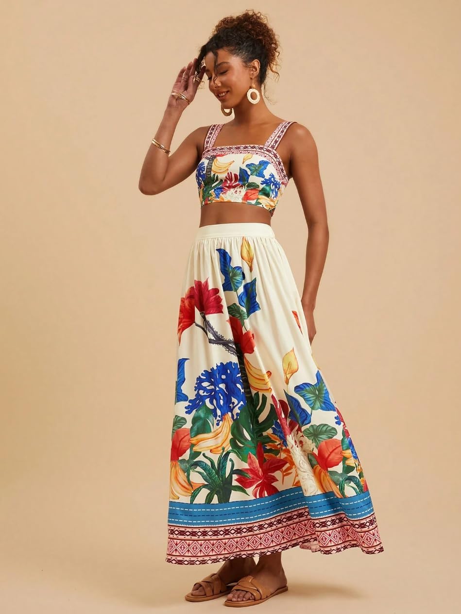 Womens Printed Skirt Outfits Floral Halter Crop Top A Line Maxi Skirt Casual Going Out Sets - Image 5