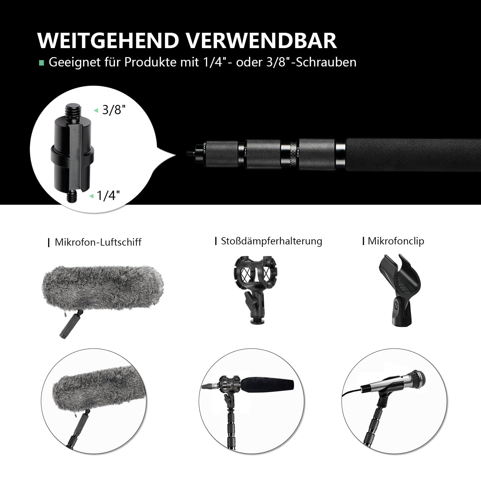 RAUBAY Mikrofon-Boompole, Carbonfaser, 1,1–2,7 m, 1/4" & 3/8", MA01 | 3-teiliger Carbon-Boompole, 1,1–2,7 m, mit 1/4- und 3/8-Zoll-Anschlüssen für Mikrofone und Tonaufnahmen