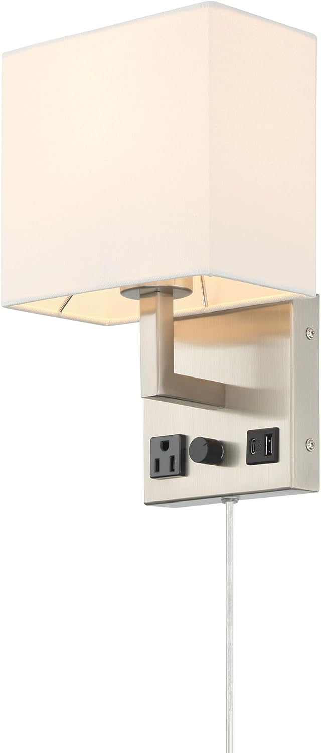HomeFocus Wall Light,Wall Lamp,Wall Sconces,Dimmable Wall Light with Outlet and Dual USB Charging Ports,Bedside Wall Light,Wall Lamp for Bedroom,Living Room,Metal,Satin Nickel.