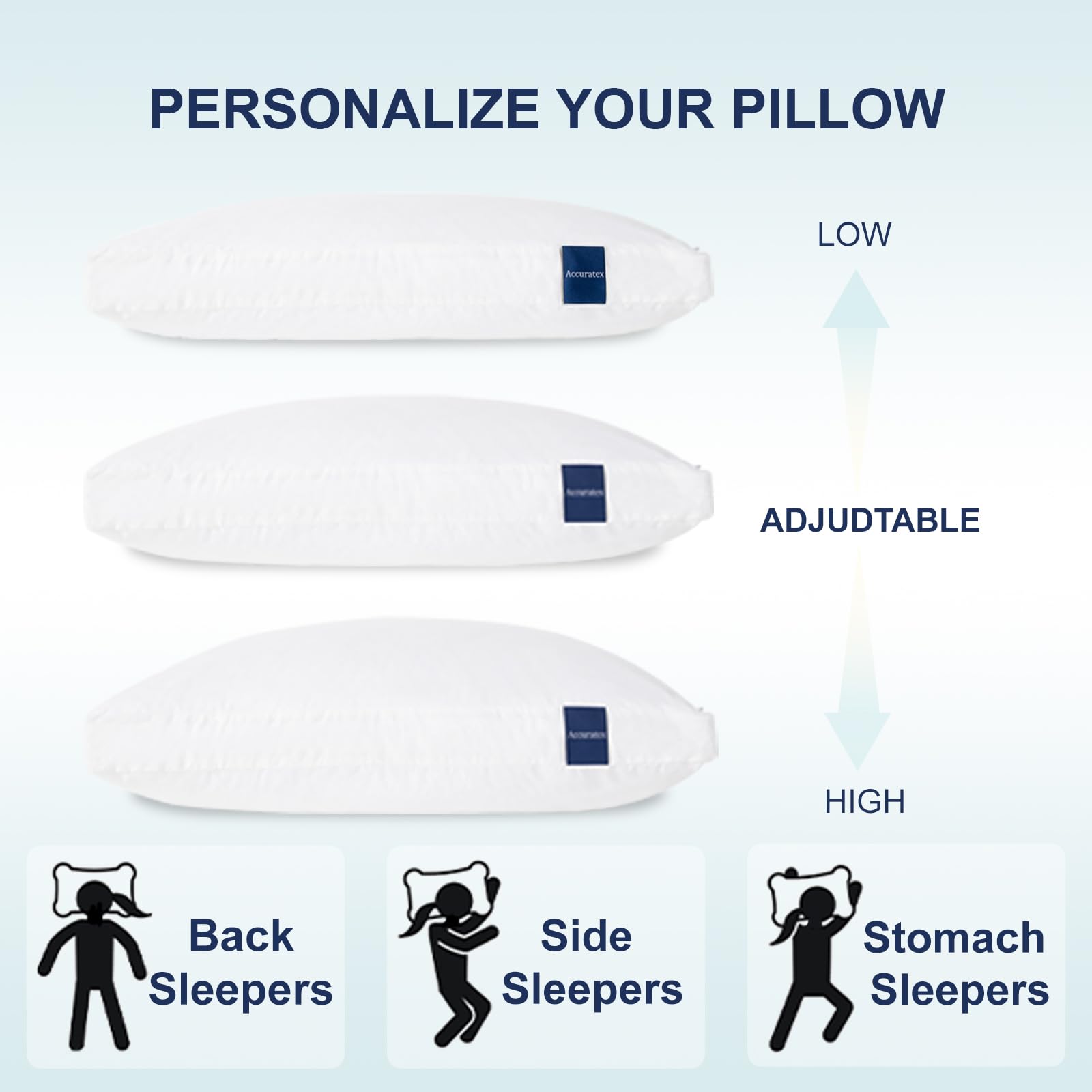 ACCURATEX Almohadas 50x70cm Juego de 2, Espuma Viscoelástica Triturada Ajustable, Relleno Alternativo al Plumón, Funda de Algodón Extraíble - Soporte Firme para Dormir de Lado y Espalda
