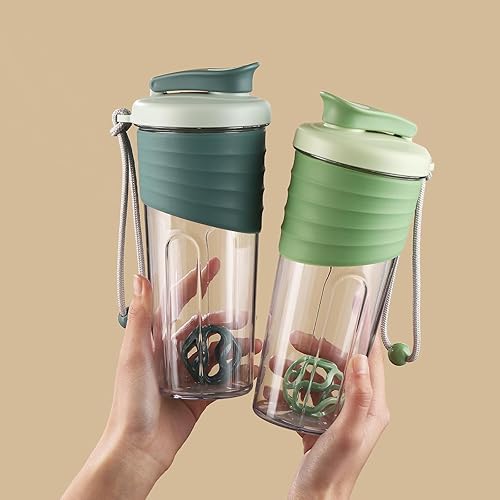 Miniatura 4 de Botella mezcladora de proteínas de 24 onzas, Tritan transparente verde azulado con escala de medición, agarre de silicona y bola agitadora verde