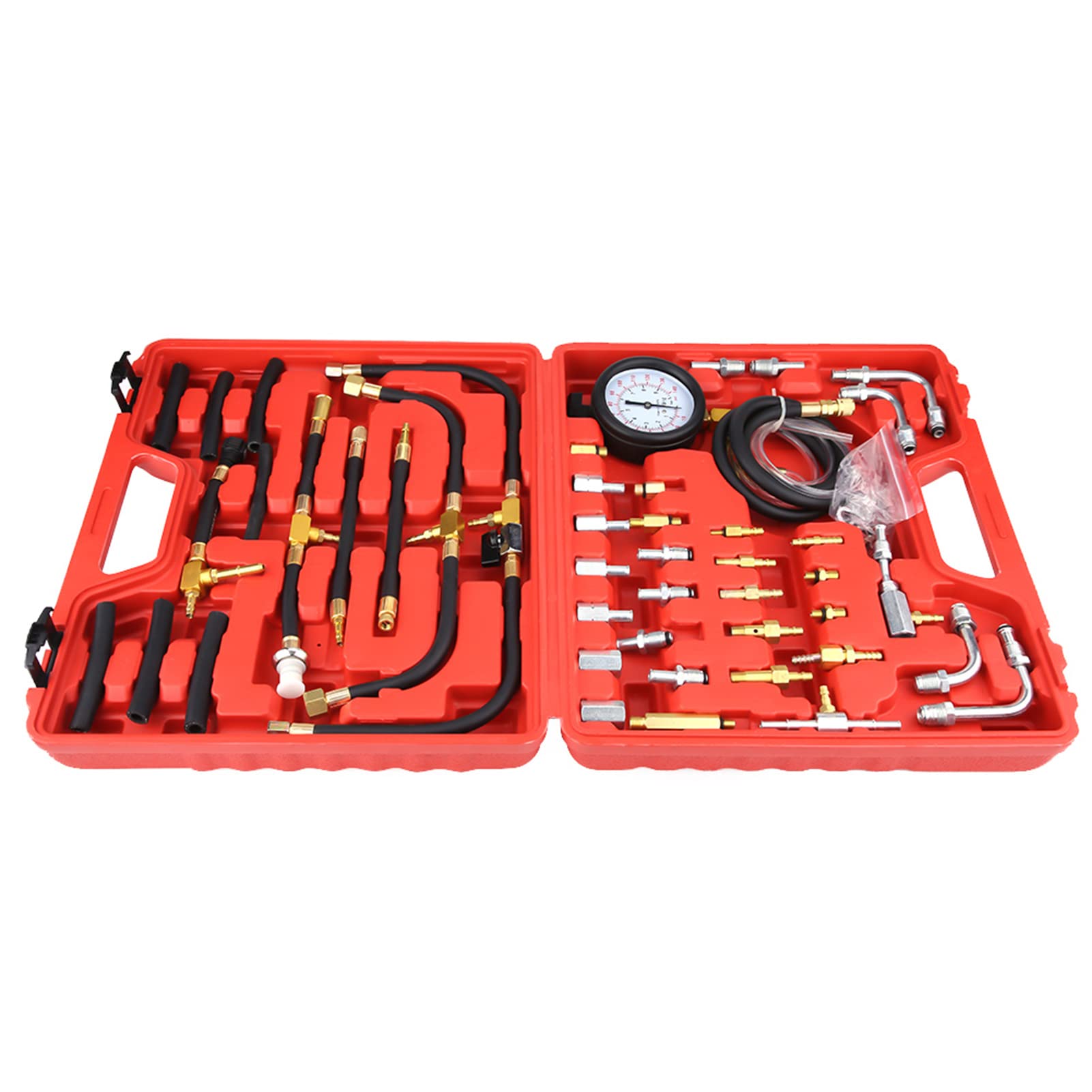 Keenso Kit de prueba de presión de combustible de gasolina, herramienta de diagnóstico de bomba de inyección de combustible de cobre y caucho, de 0 a 140 PSI con válvula de alivio y adaptadores para
