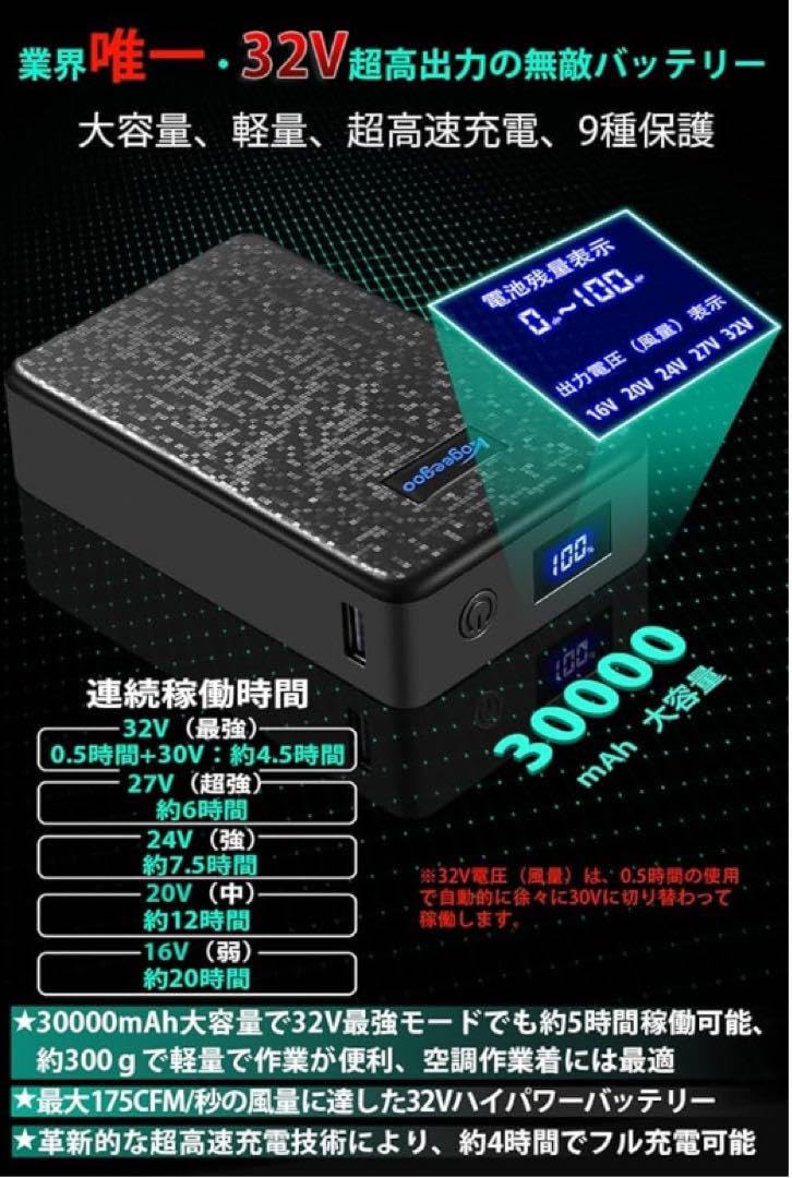Amazon.co.jp: 32V！ 別次元超高出力！ 30000mAh 空調ファン