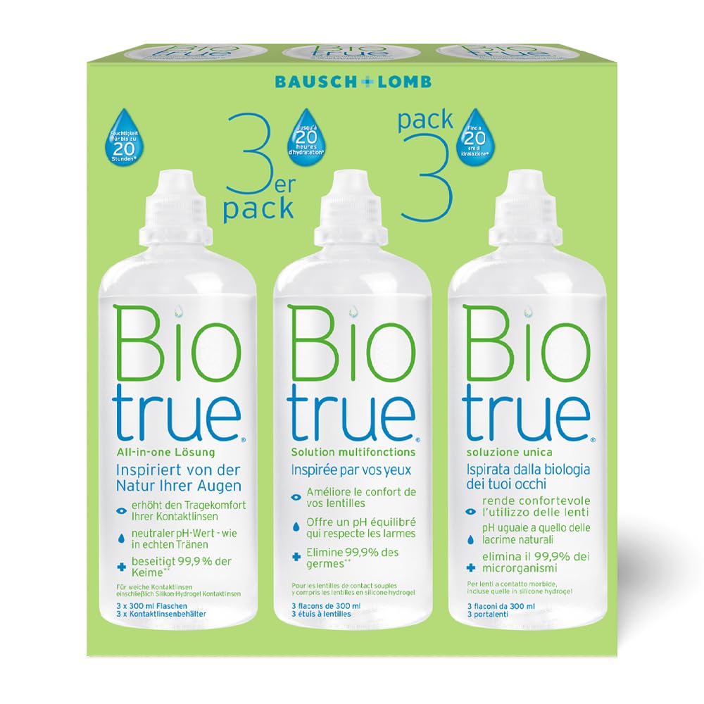 Biotrue All-in-One Kombilösung für weiche Kontaktlinsen – 3 x 300 ml (mit Schraubverschluss)