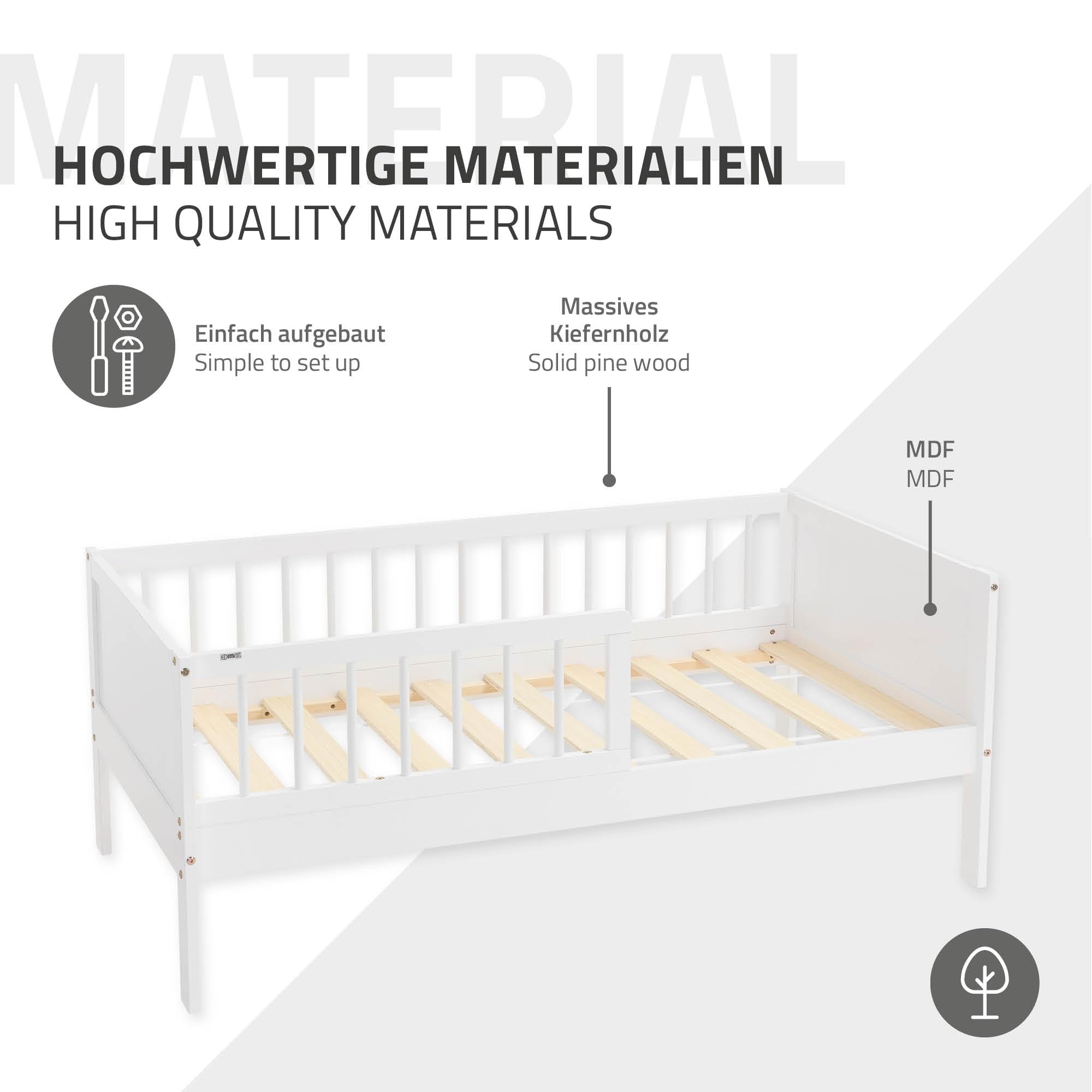 ML-Design Kinderbett 70x140 cm, Weiß, Einzelbett für Kinder mit Lattenrost und Rausfallschutz, Jugendbett aus Kiefernholz, Holzbett, Bettgestell für Jungen & Mädchen, Massivholz Babybett Kleinkindbett