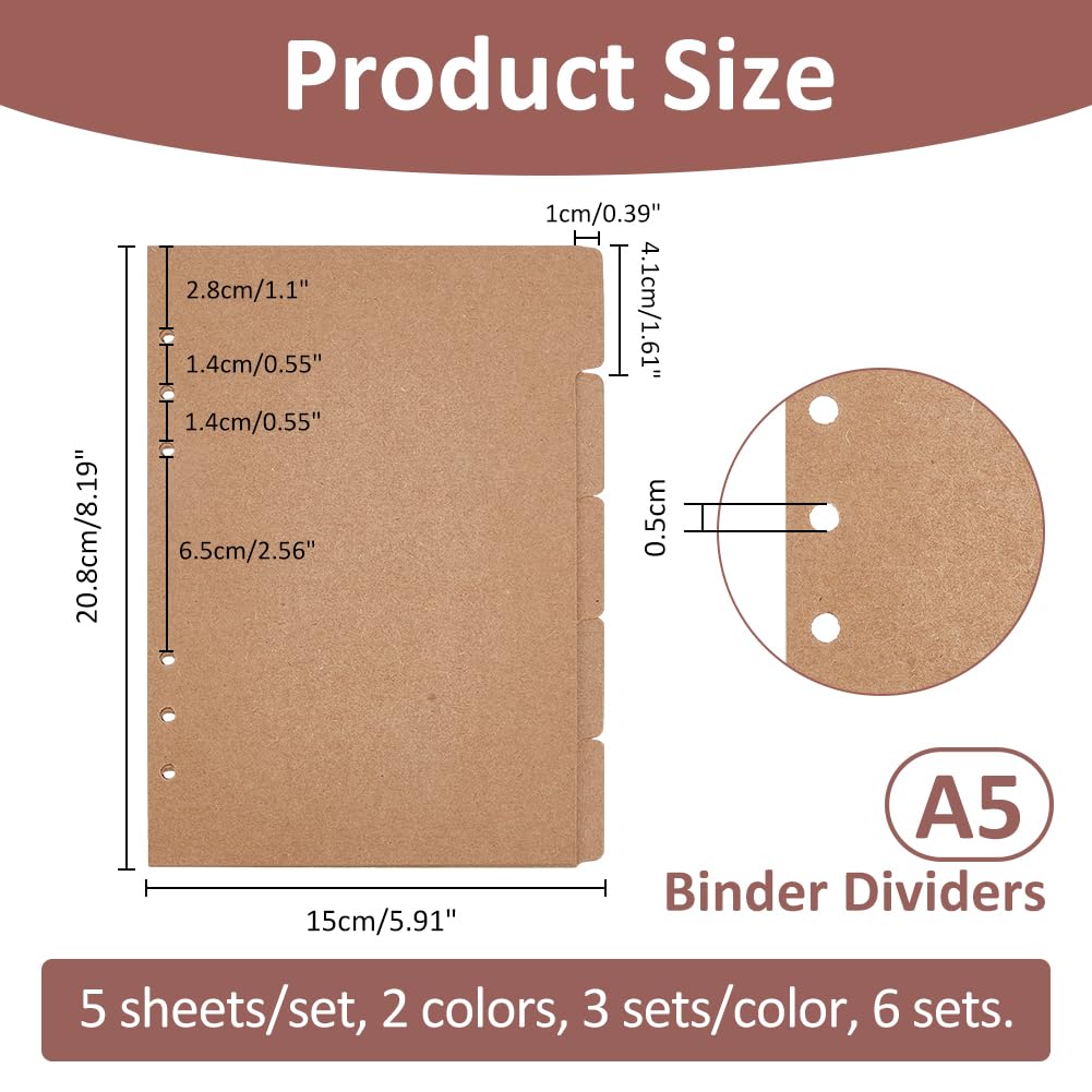 SUPERFINDINGS 6 Sets 30 Sheets 5-Tab Binder Dividers 2 Colors A5 Notebook Index Dividers with Tab 6-Hole Binder Dividers 20.8x15cm Paper Binder Dividers for Notebook Folders - Image 2