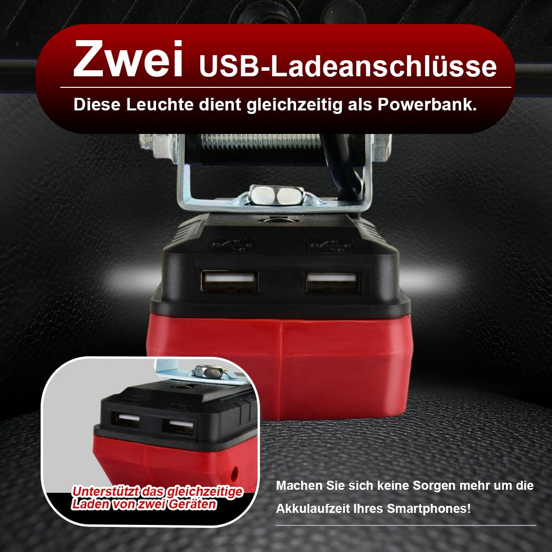 Akku Lampe Kompatibel mit Einhell 18V Batterie 90W Kabellose Led Arbeitsleuchte 7500LM Tragbares Flutlichter 2 Helligkeitseinstellungen Baustellen Lampe mit 2 USB-Aufladung (kein Akku)